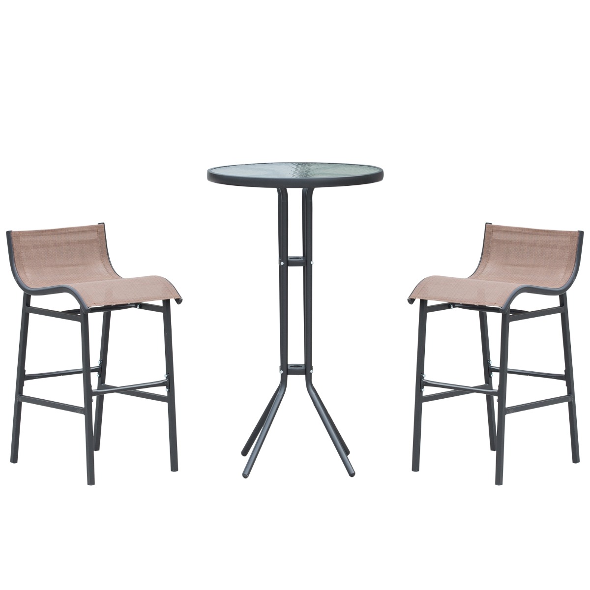 Outsunny Set da Bar/Ristorante 3 Pezzi: 2 Sgabelli (40.5x50x82cm) 1 Tavolo Vetro Temperato (Diametro 60x102cm), Nero e Marrone