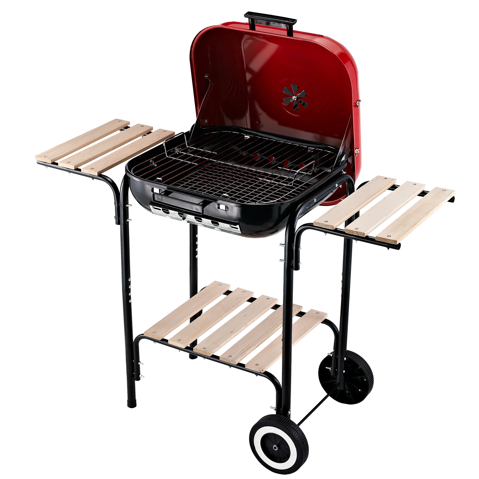 Outsunny BBQ Barbecue Grill a Carbonella con Presa d'Aria Ripiani Laterali Coperchio e 2 Ruote Acciaio 98 x 49 x 81 cm Nero e rosso