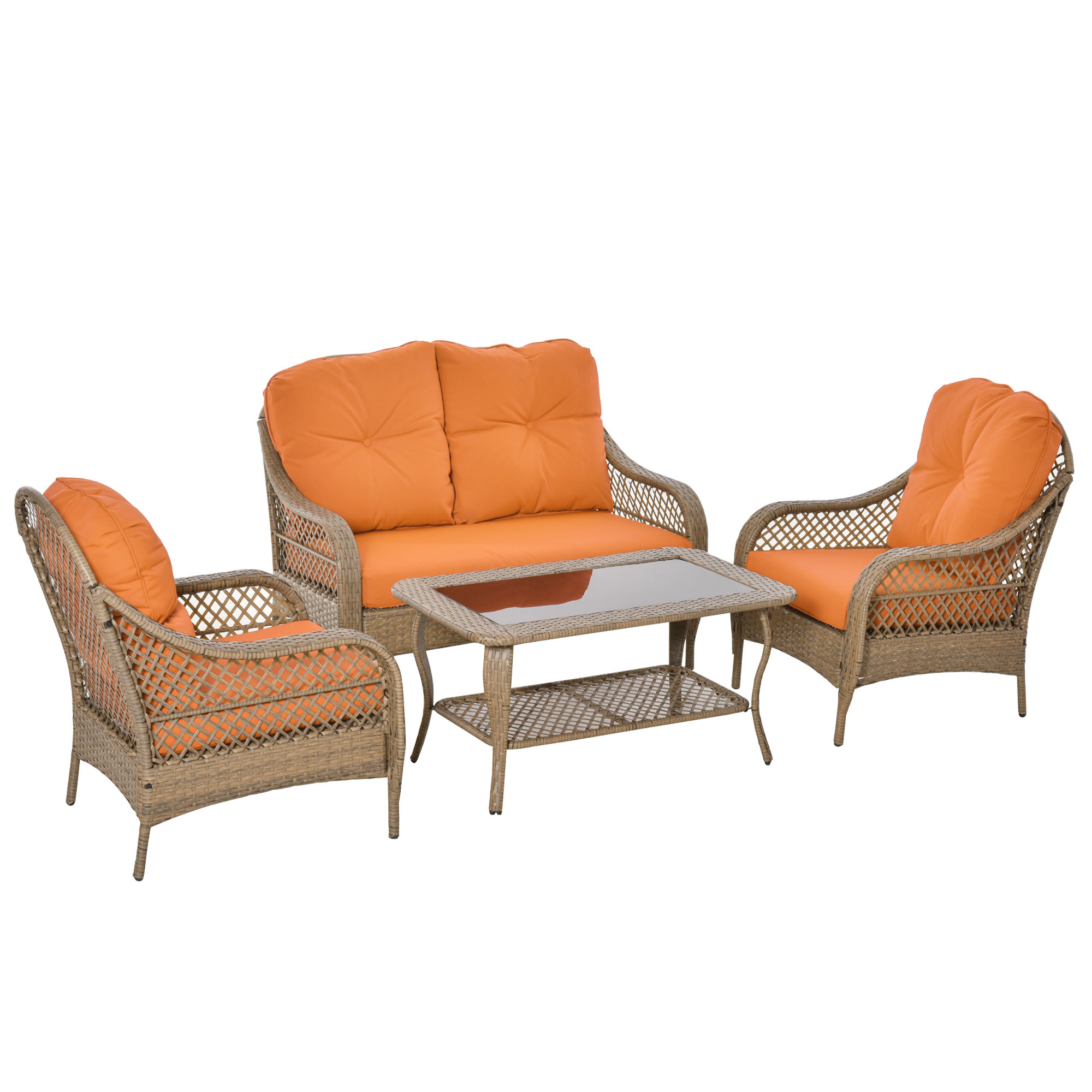 Outsunny Mobili da Giardino in Rattan PE Set con 2 Poltrone Divano a 2 Posti e Tavolo e Cuscini da esterno Colore Khaki e Arancione   Aosom Italy