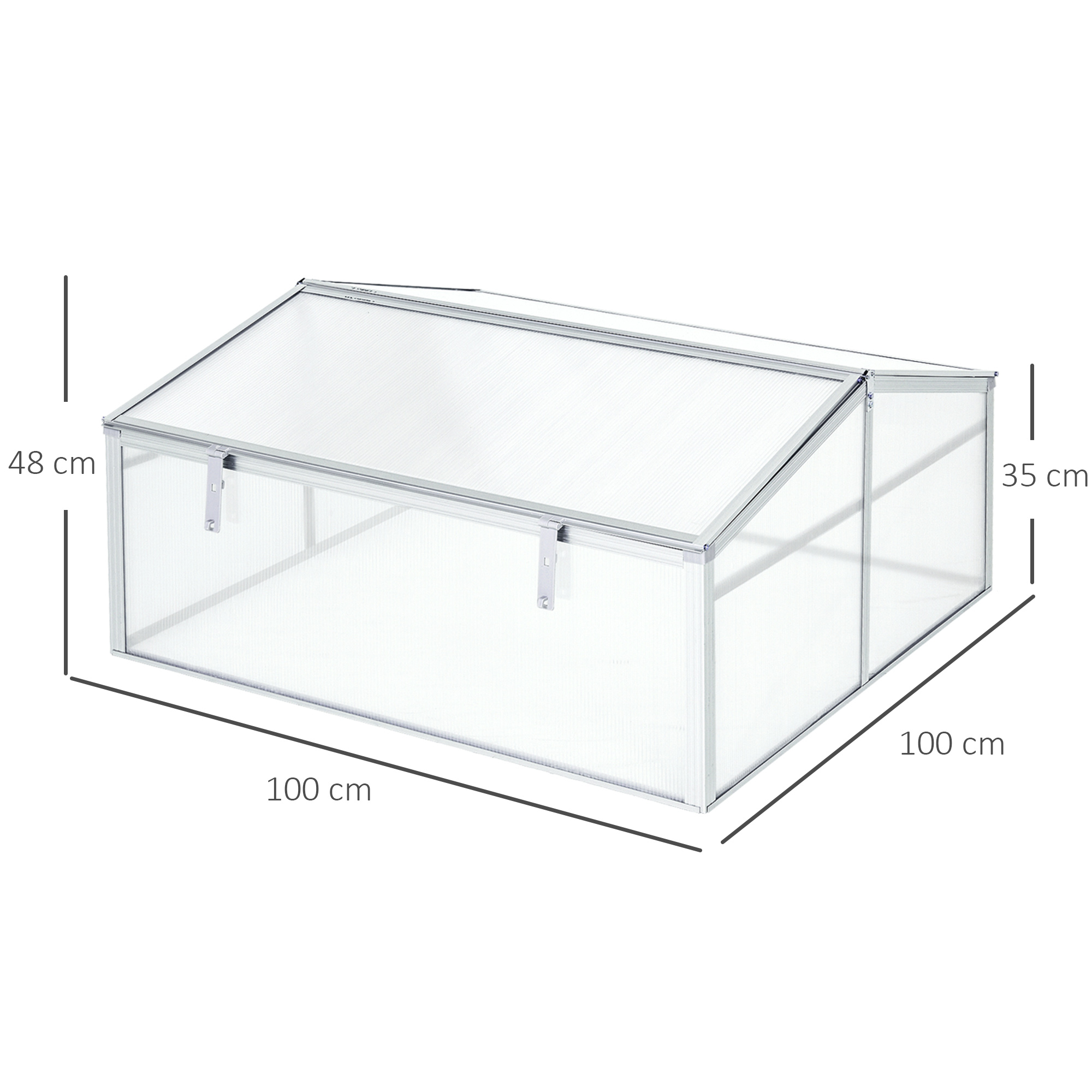 Abri Pour Tomate Réglable En Hauteur Avec Toit Polycarbonate Outsunny Mini Serre de jardin serre à tomates 100L x 100l x 48H cm 2  pannneaux toits ouvrables alu. polycarbonate transparent et argenté  alu-AOSOM.fr