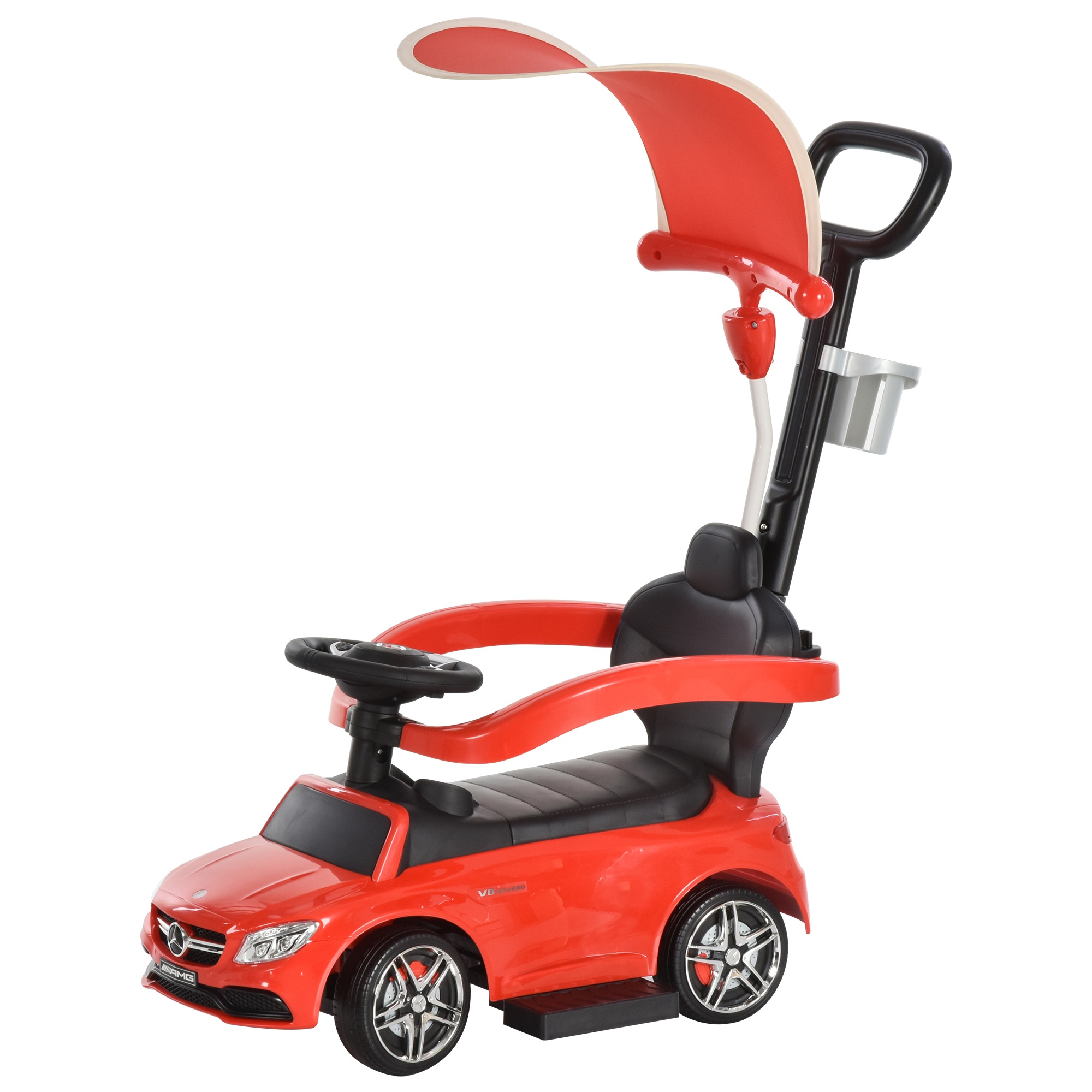HOMCOM Macchina con Maniglione per Bambini, Licenza Mercedes, Tettuccio e Barre di Sicurezza Rimovibili, Rosso