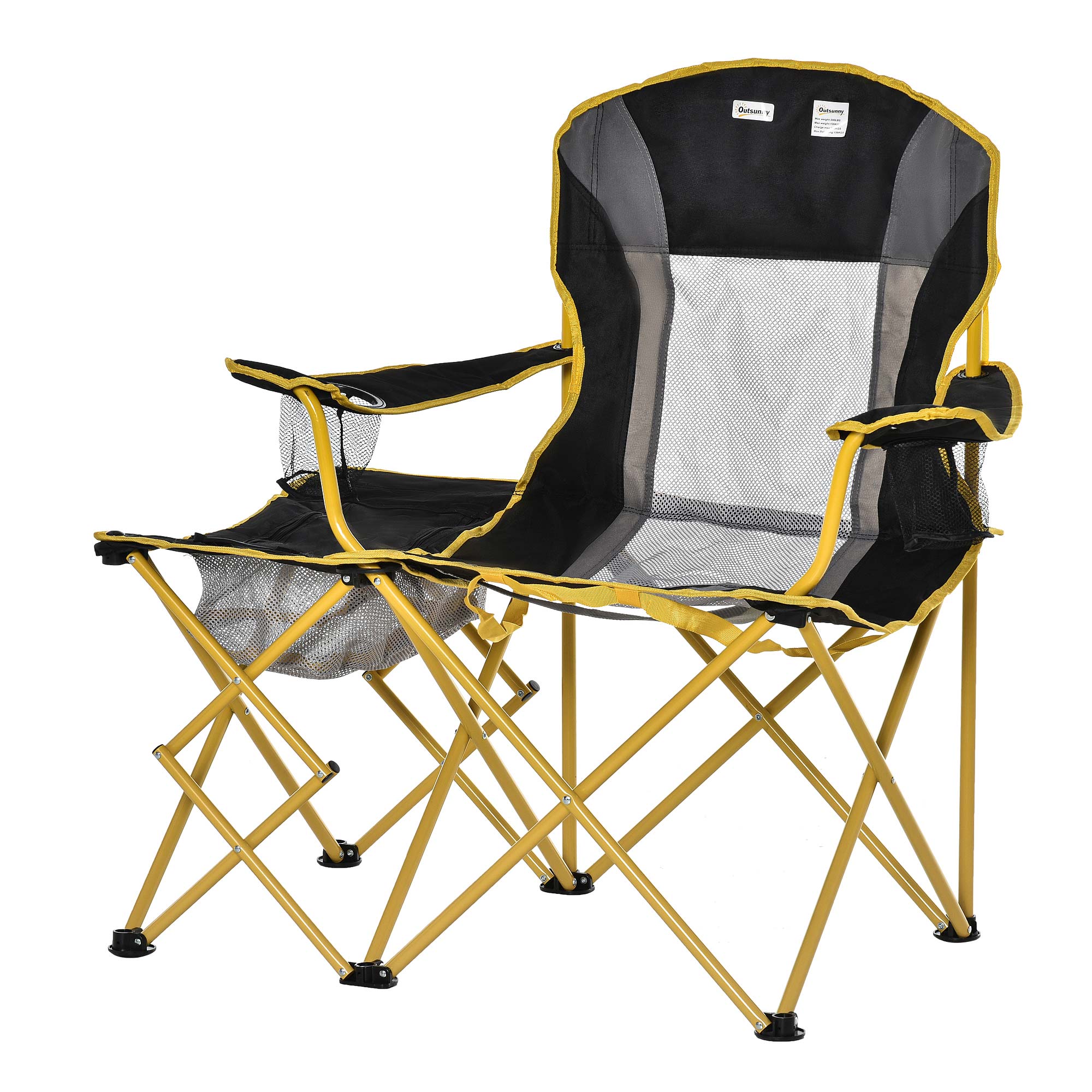 Outsunny Sedia da Campeggio Pieghevole con Tavolino Integrato e Porta Bicchiere, Metallo e Tessuto, 106x60x98cm Nero Giallo