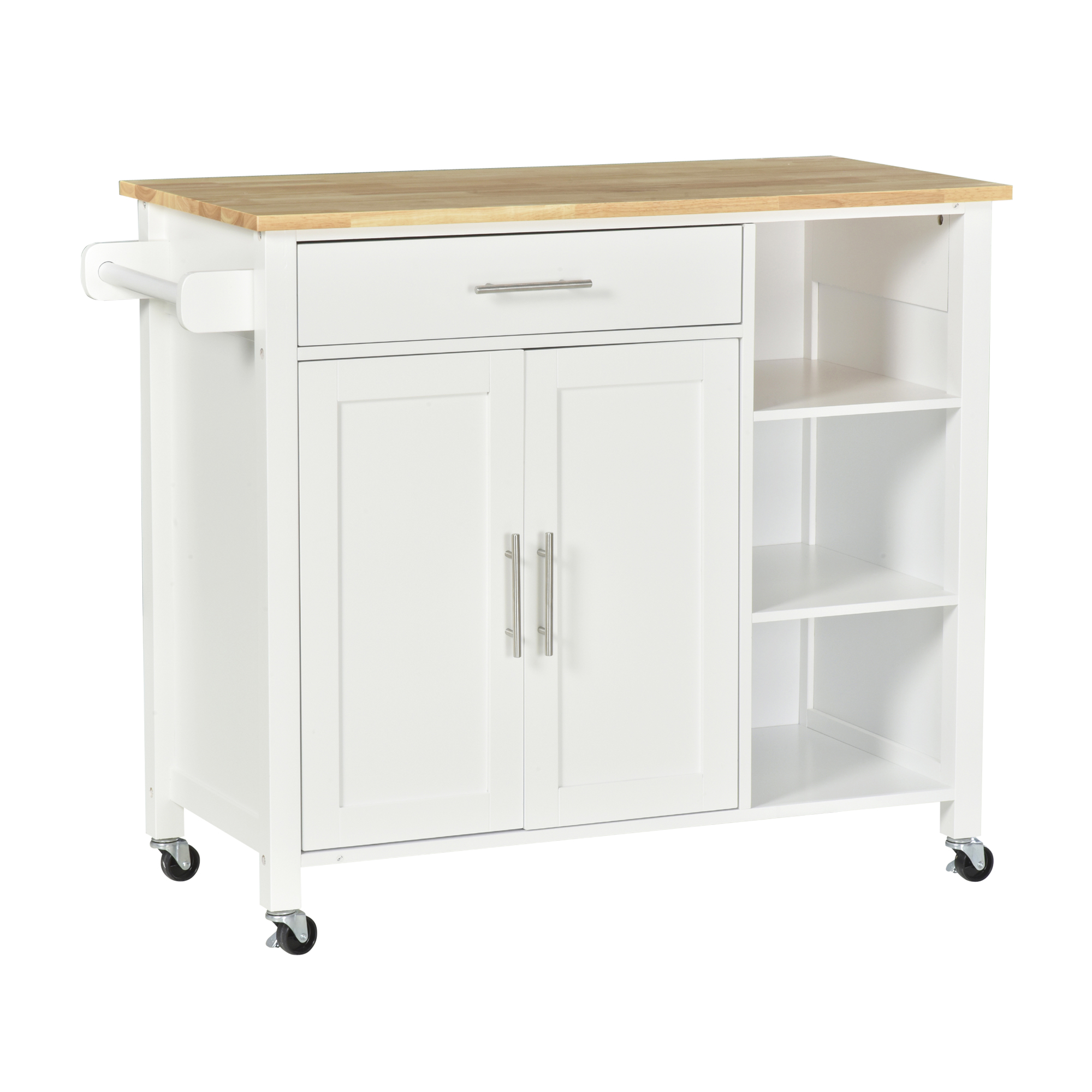 HOMCOM Carrello da Cucina Salvaspazio Credenza in Legno MDF Bianco: 1 Cassetto, 1 Armadietto, 3 Ripiani e 4 Ruote, 107.5x48x89cm