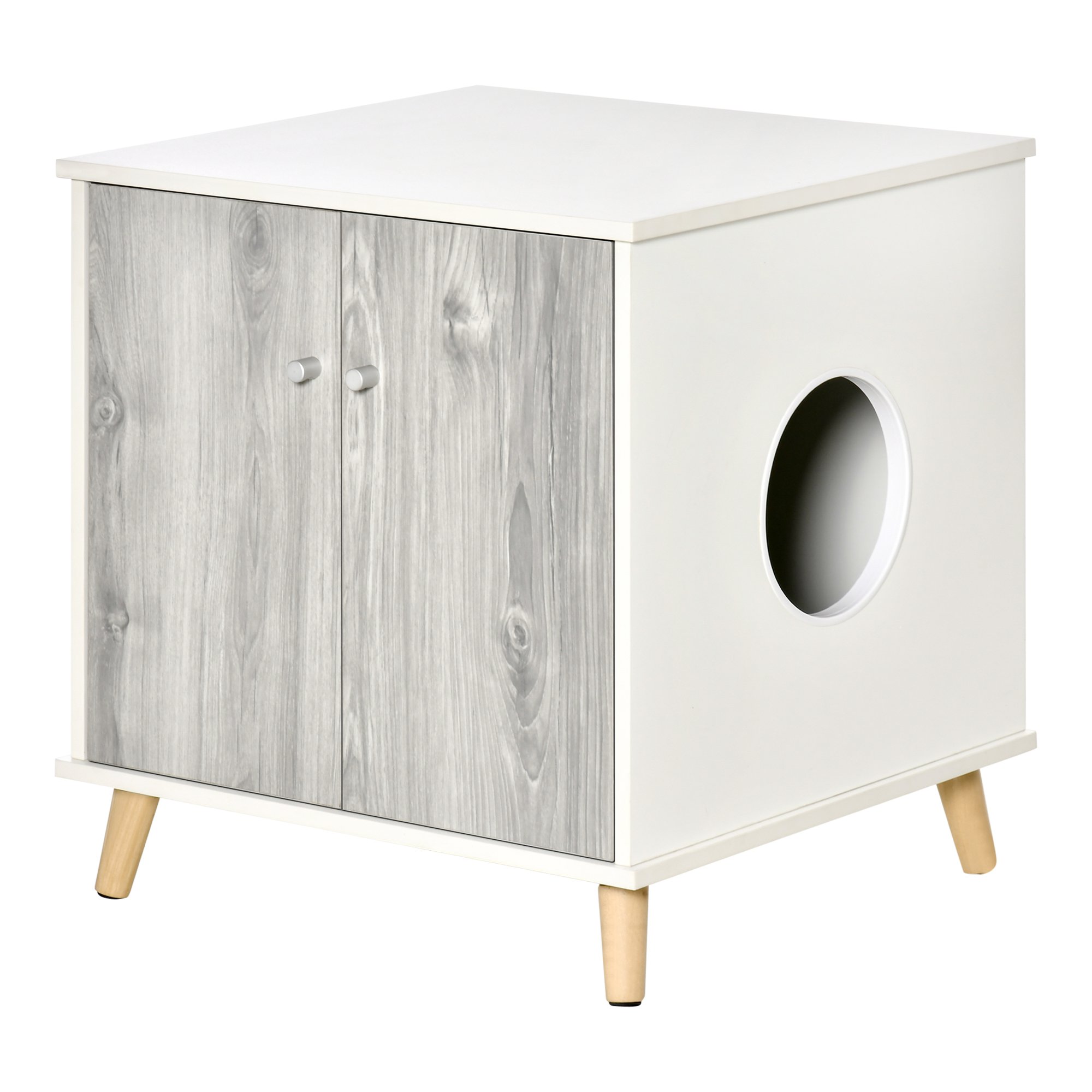 PawHut Mobile Lettiera per Gatti Fino 5.5kg con 2 Ante e Foro d'Ingresso Laterale, 60x55x62.5cm, Bianco e Grigio