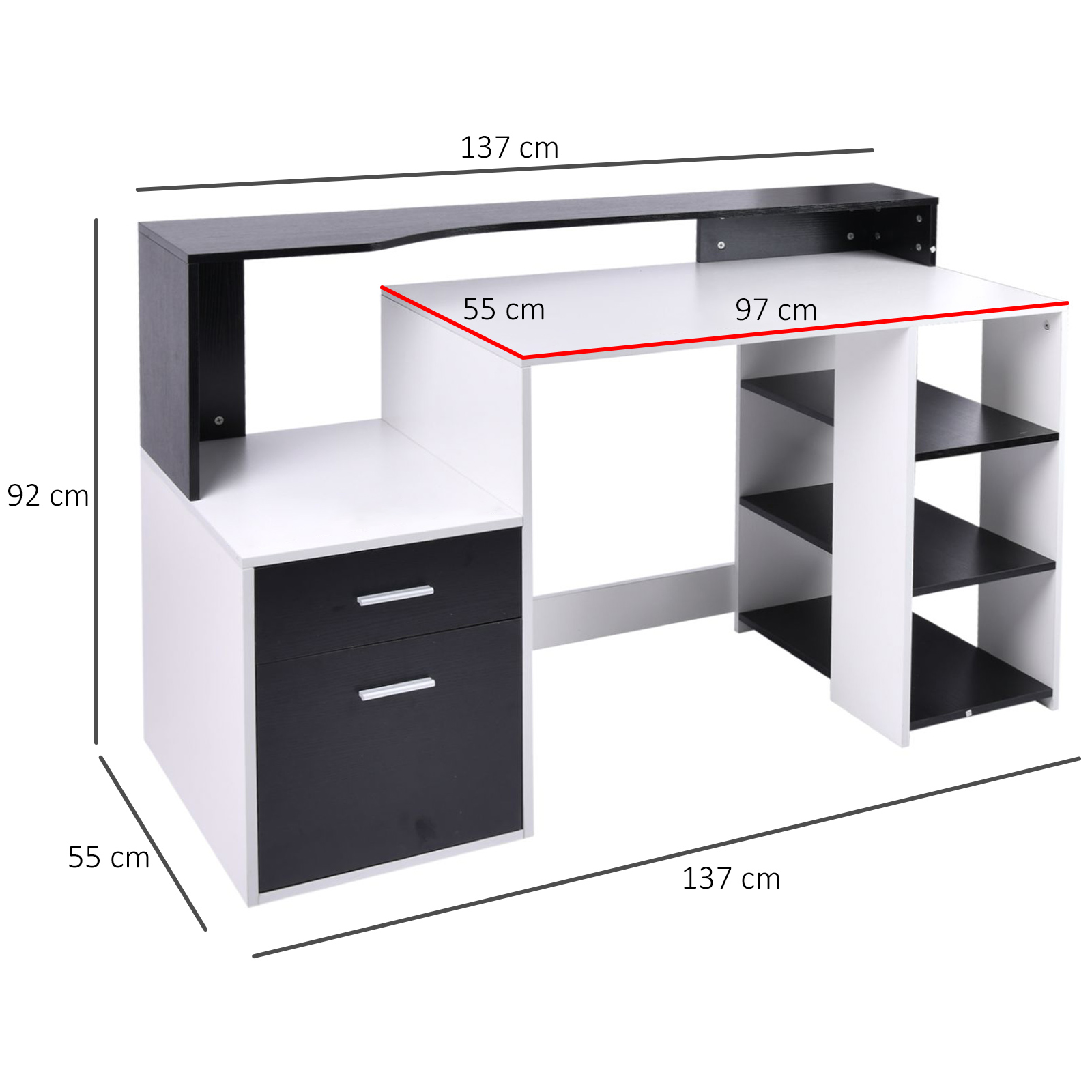 Bianco Scrivania per Camera o Ufficio Scrivania PC in Legno con Ripiano Monitor HOMCOM Scrivania Angolare con 3 Sezioni