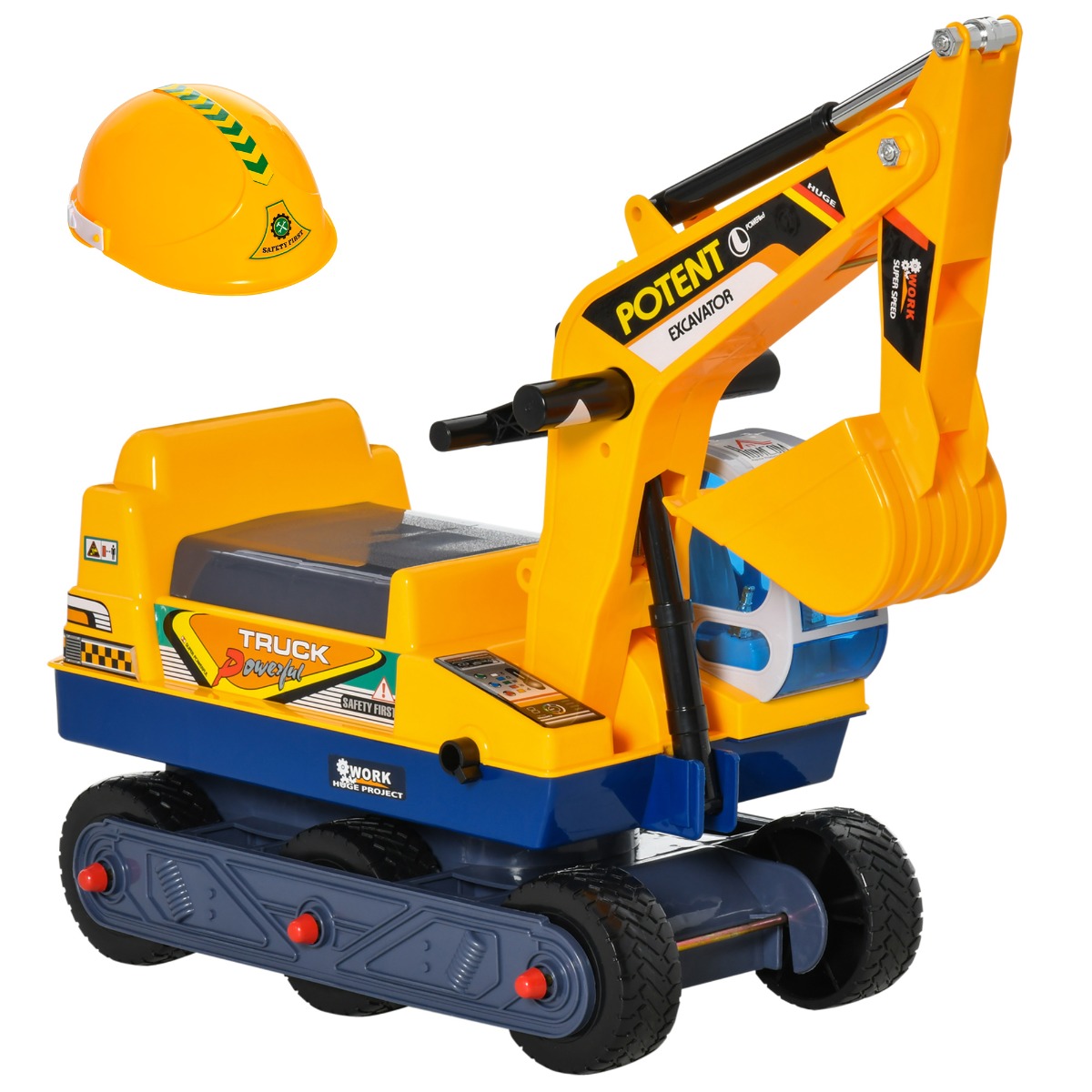 HOMCOM Ruspa Giocattolo con Escavatore Manuale, Seduta Girevole e Casco, Gioco Cavalcabile Bambini 2-3 Anni, 77x26x55cm, Giallo