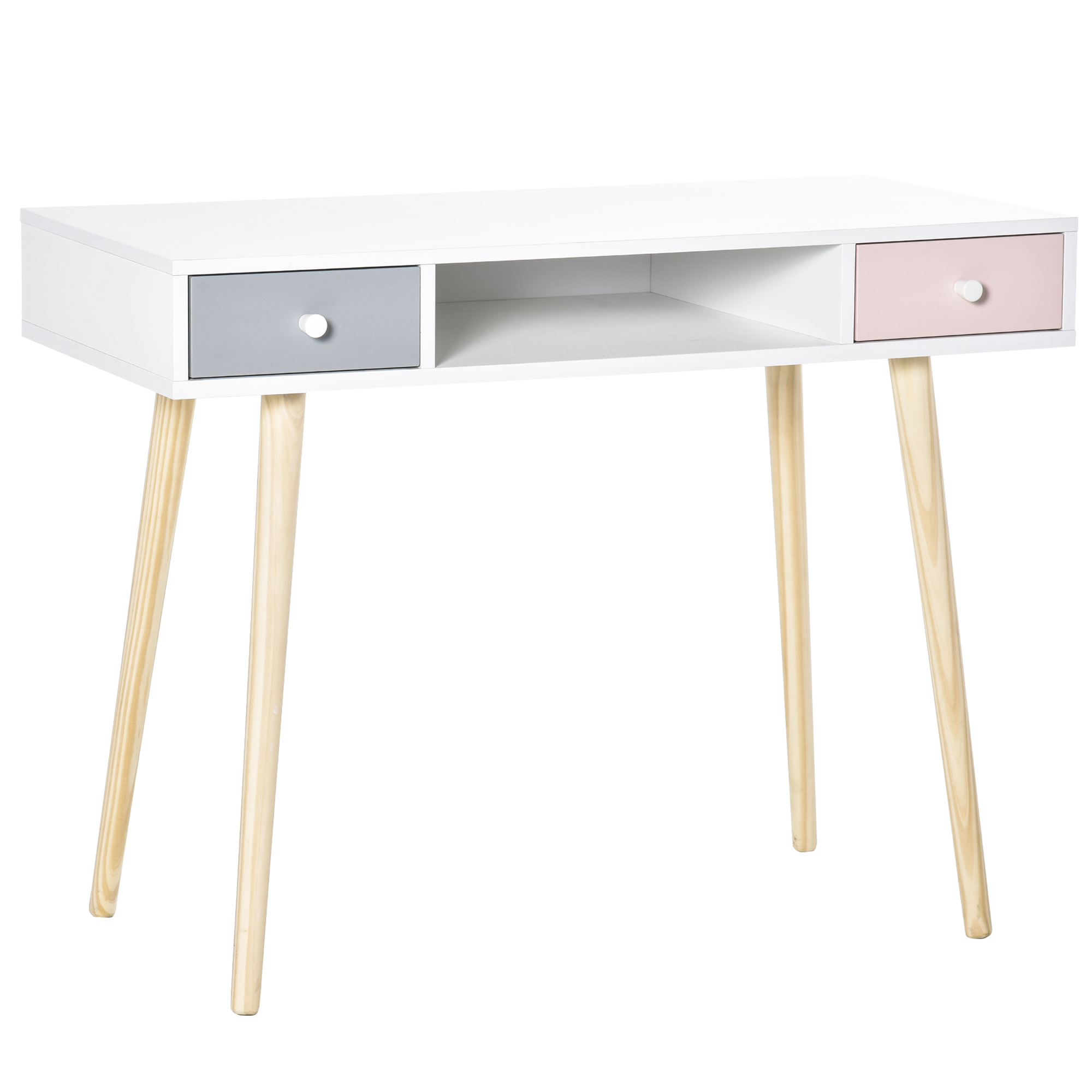 HOMCOM Scrivania per Bambini con Cassetti per Cameretta, Legno di Pino e MDF, 100x48x76.5cm, Bianco Rosa e Grigio