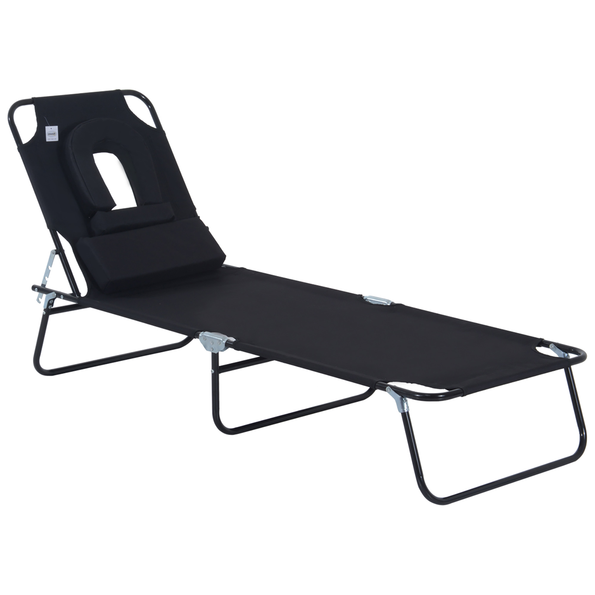 Outsunny Sdraio Pieghevole con Foro per il Viso e Cuscini, Lettino Prendisole per Giardino, Spiaggia e Campeggio, Nero