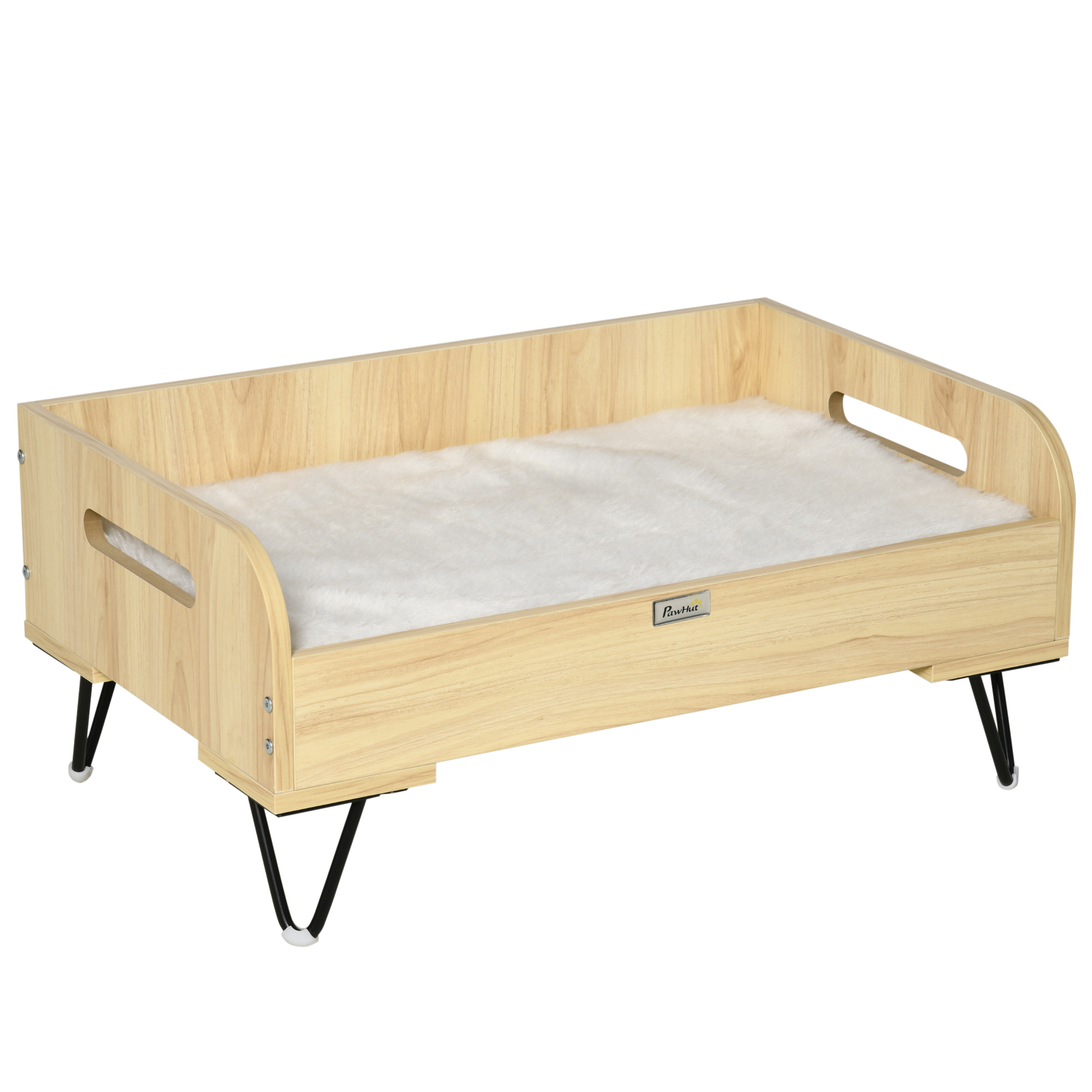 PawHut Canapé lit pour chien chat dim. 70L x 45l x 31,5H cm piètement métal avec coussin moelleux 2 poignées latérales MDF blanc et aspect bois