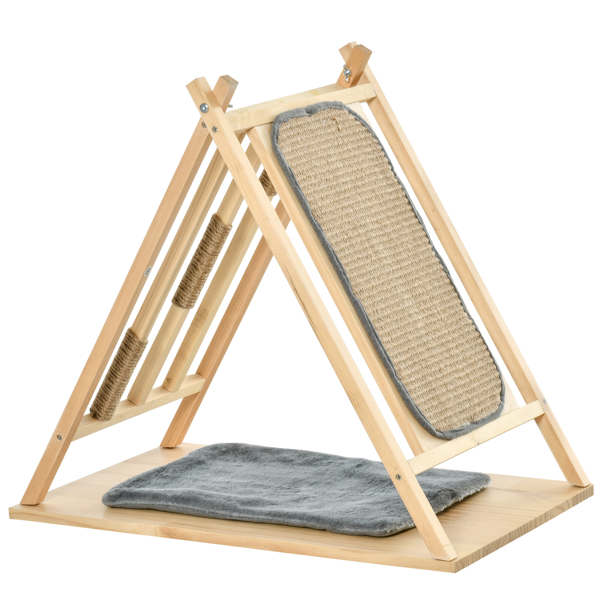 Pawhut Arbre A Chat Triangulaire Centre D Activites Multi Equipe Griffoirs En Jute Grattoir Coussin Bois De Pin Massif Dim 66l X 40l X 58 5h Cm Bois Naturel Gris Aosom Fr