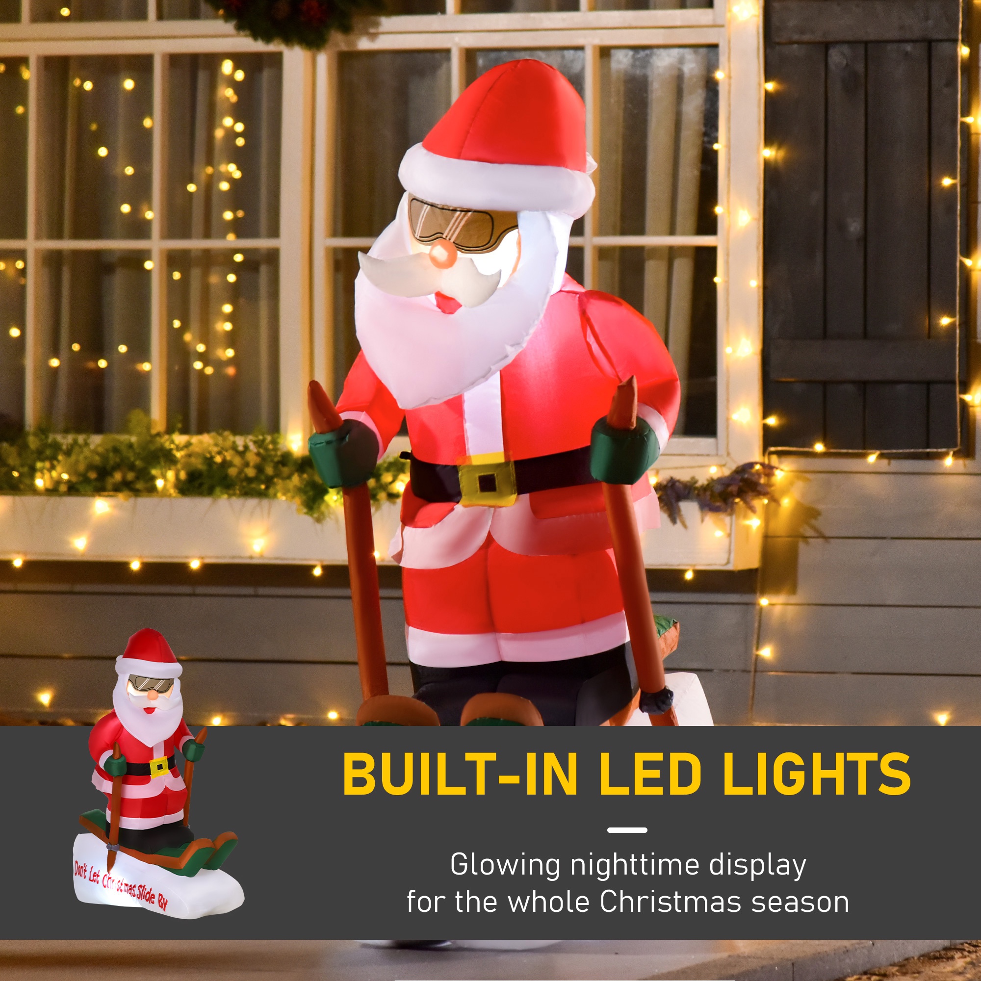 Decorazione Natalizia da Esterno homcom Babbo Natale Gonfiabile sugli Sci con 2 Luci LED e Gonfiatore 85x45x124cm
