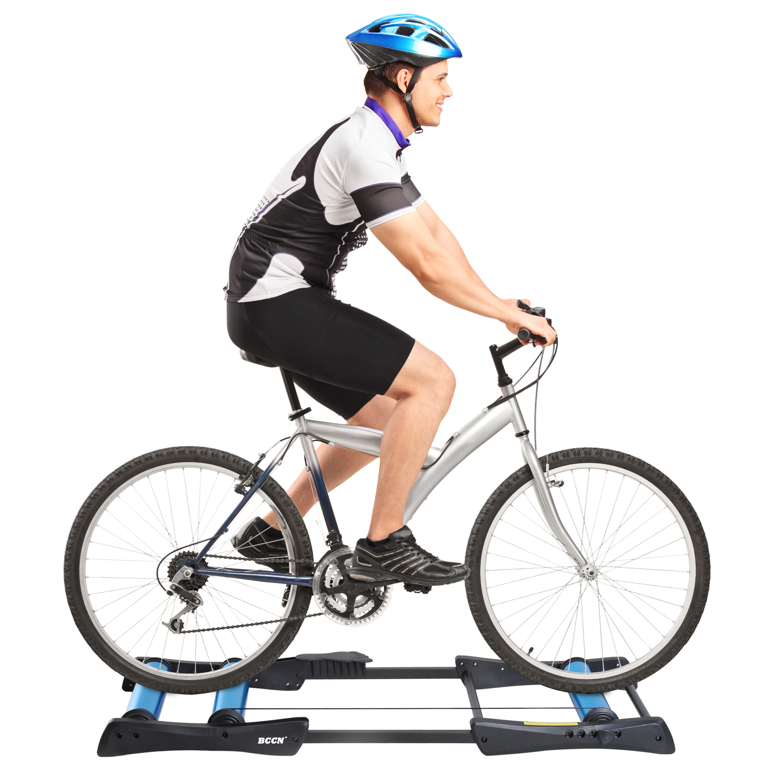 HOMCOM Biciclette Trainer Pieghevole, Rullo Anteriore Regolabile, per Fitness, Max. Carico 120kg, Blu Nero