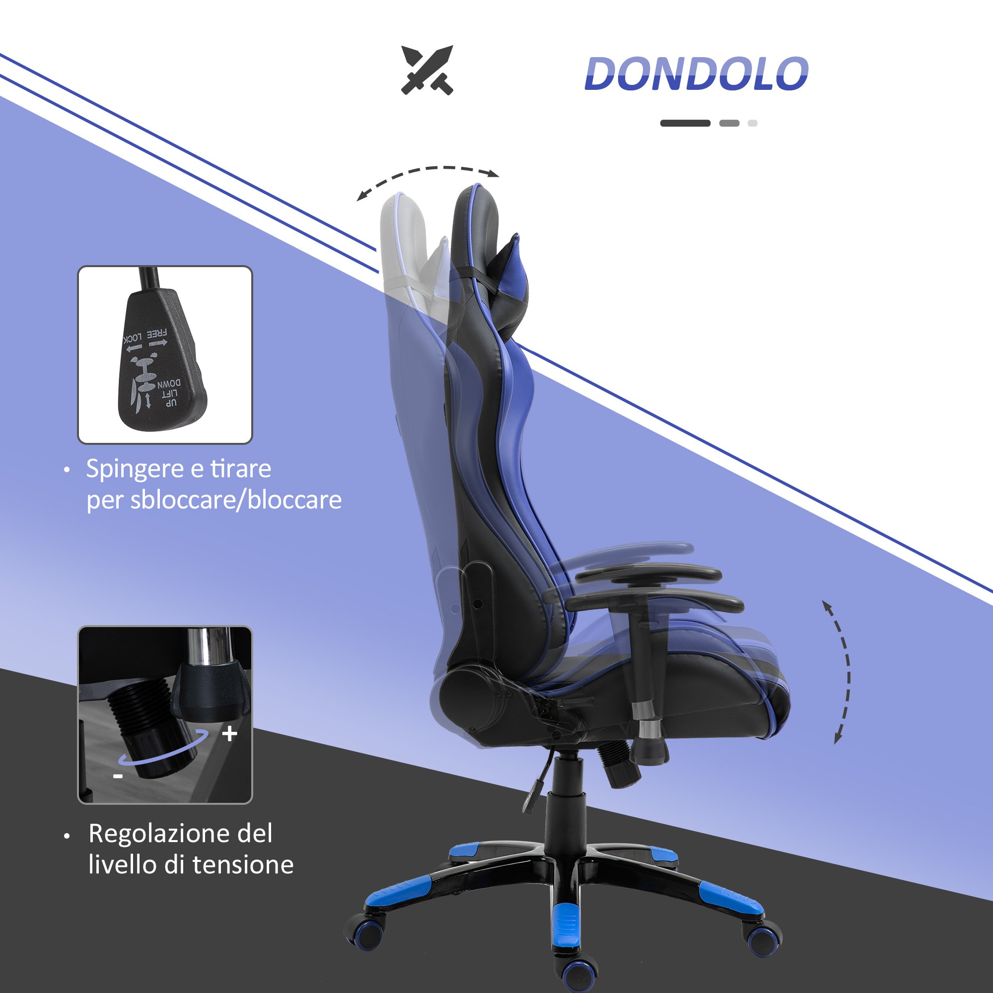 HomCom Sedie Gaming Sedie Ufficio Ergonomica in Ecopelle Girevole e  Reclinabile con Sostegno Lombare e Collo, 67 x 67 x 123-132cm, Nero e Blu |  Aosom.it