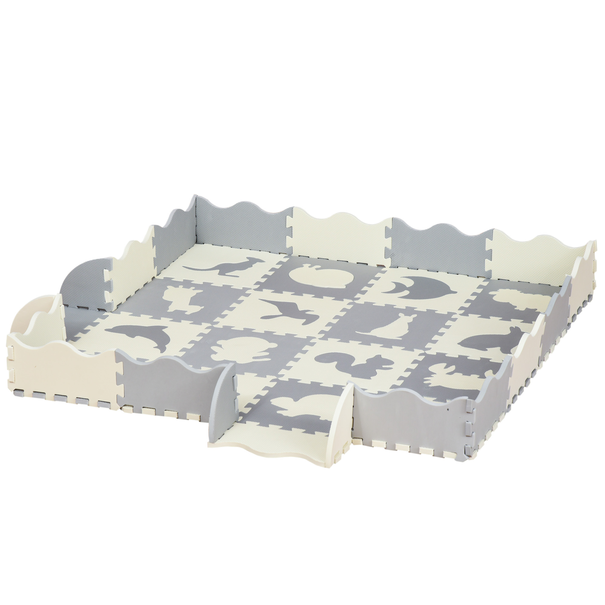 HOMCOM Tappeto Puzzle per Bambini 36 Pezzi 2 in 1 con Recinto,Tappeti Cameretta Forme di Animali, EVA Antiscivolo, Area Coperta 1.44㎡, Bianco Grigio