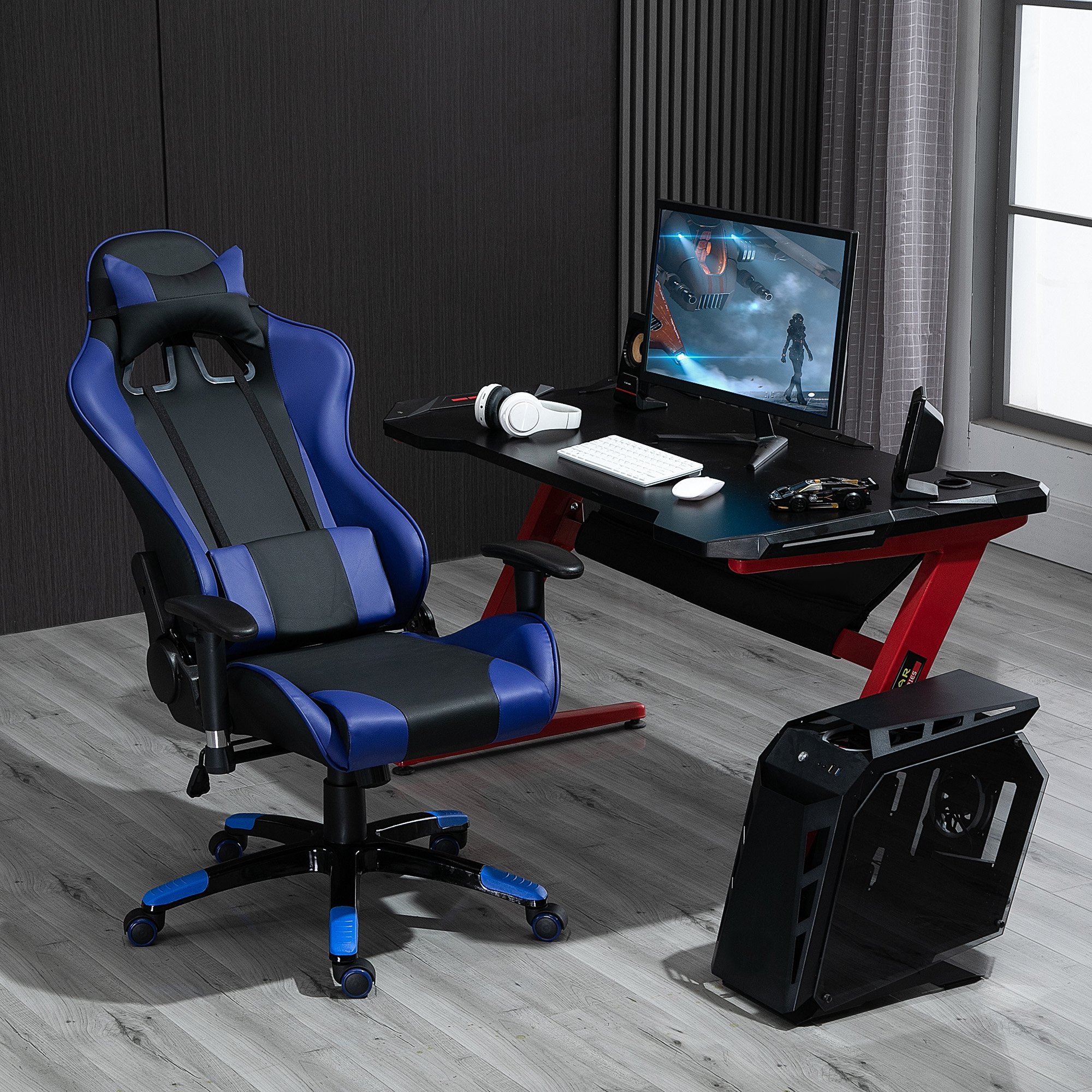 HomCom Sedie Gaming Sedie Ufficio Ergonomica in Ecopelle Girevole e  Reclinabile con Sostegno Lombare e Collo, 67 x 67 x 123-132cm, Nero e Blu |  Aosom.it