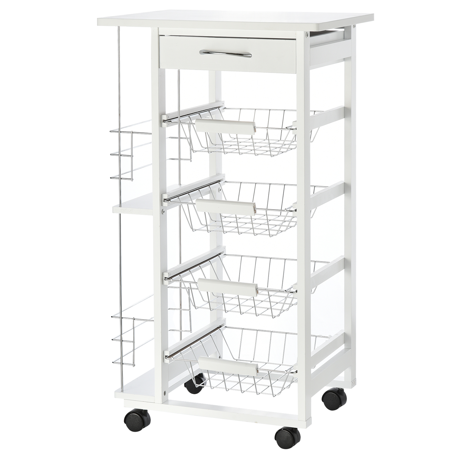 HOMCOM Carrello da Cucina Salvaspazio in Legno Bianco con 1 Piano di Lavoro 1 Cassetto e 4 Cestelli Metallici 47x37x83cm