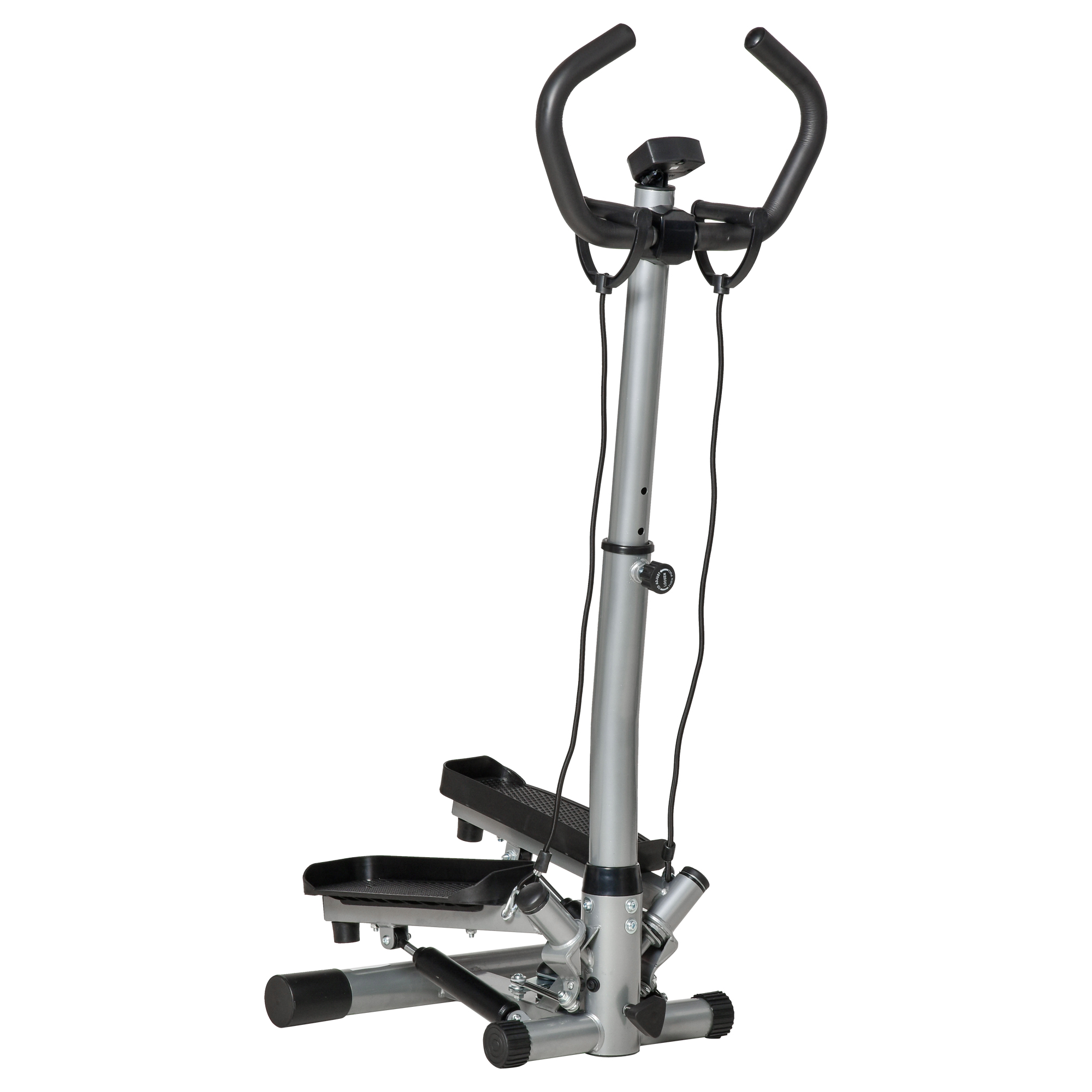 HOMCOM Stepper con Manubrio Regolabile, Impugnature Antiscivolo ed Elastici, Step Fitness con Monitor LCD per Casa e Palestra, Nero e Argento