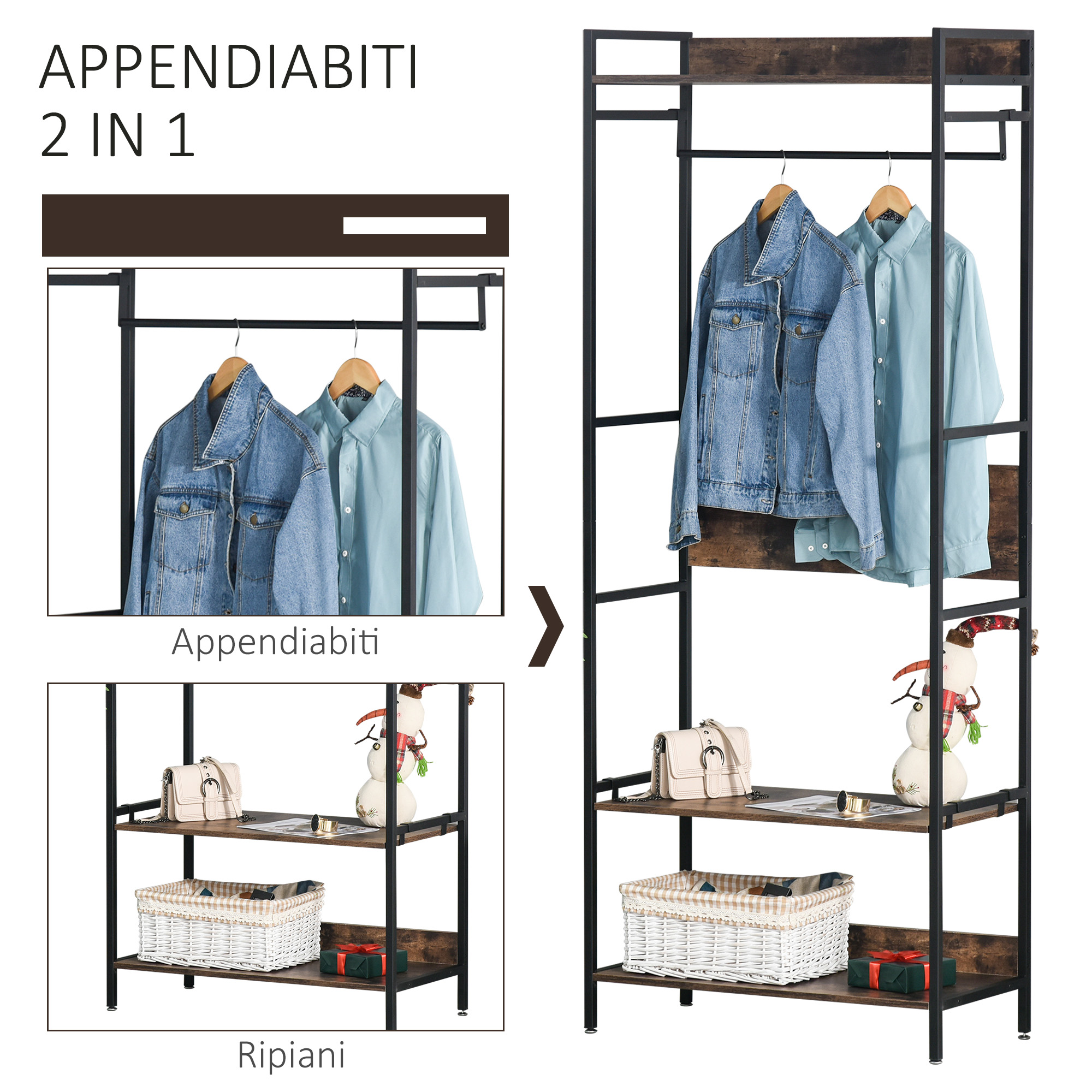Appendiabiti HOMCOM Con Scarpiera, Stile Industriale, 3 Ripiani E 8 Ganci, In Metallo E Legno MDF, 72x34x185 Cm, Nero - 2