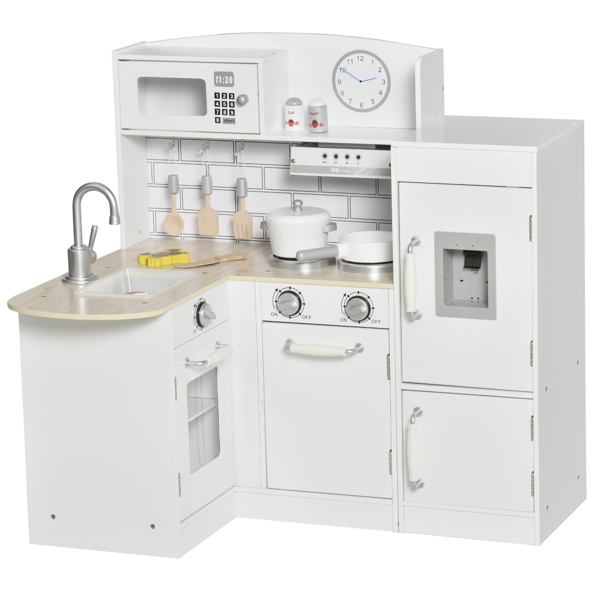 HOMCOM Cucina Giocattolo per Bambini in Legno con 14 Accessori, Forno, Lavandino, Frigo e Microonde, Età 3+ Anni, 86x64x84.5cm, Bianco e Argento