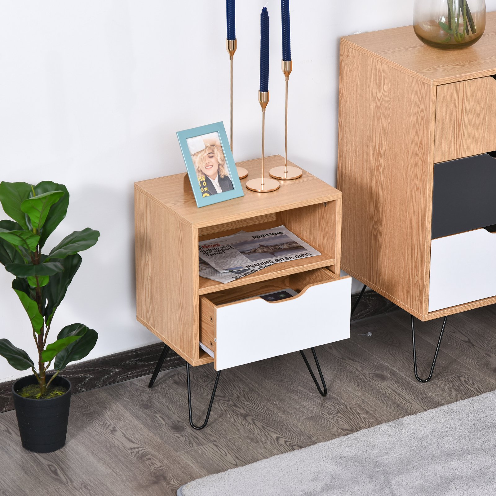 HOMCOM Nachttisch Mit 2 Schubladen - Elegante Nachtkommode Mit Goldgriffen, 40x40x50 Cm, Weiß