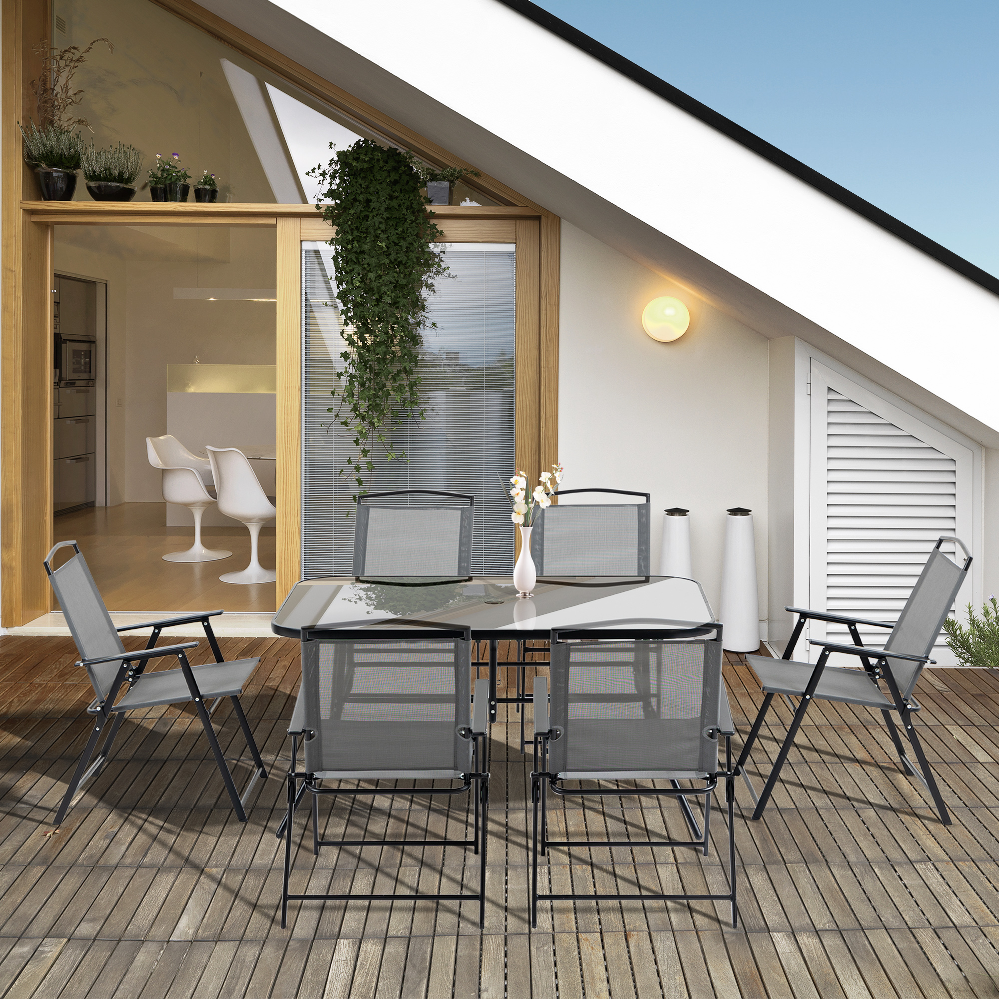 Outsunny 7 Piece Garden Furniture Set with Glass Dining Table and Folding Chairs, 6 Seater Outdoor Patio Furniture for Deck and Balcony, Black