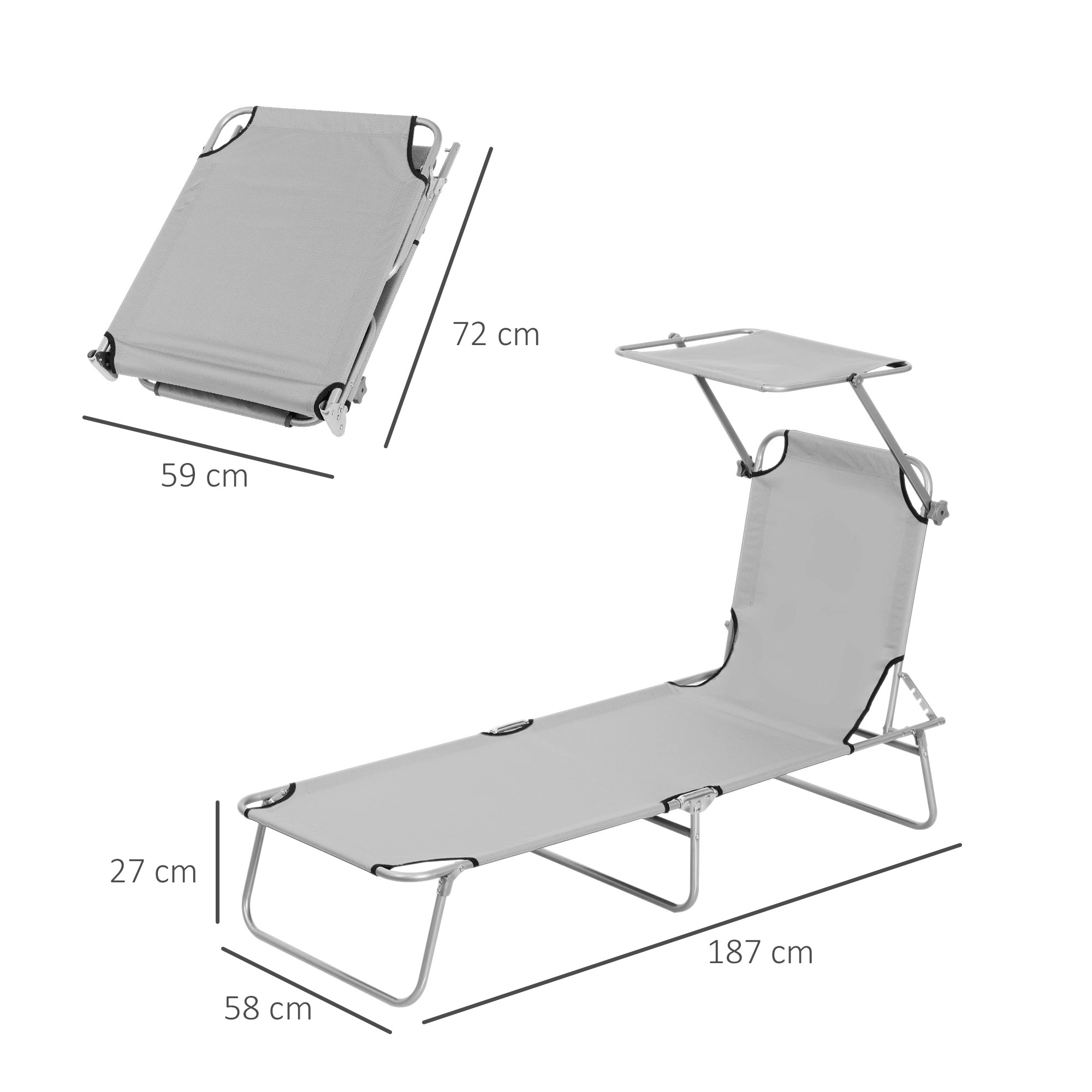 Outsunny Folding Recliner Chair with Adjustable Back and Sun Shade, Perfect for Outdoor Patio & Garden, Light Grey