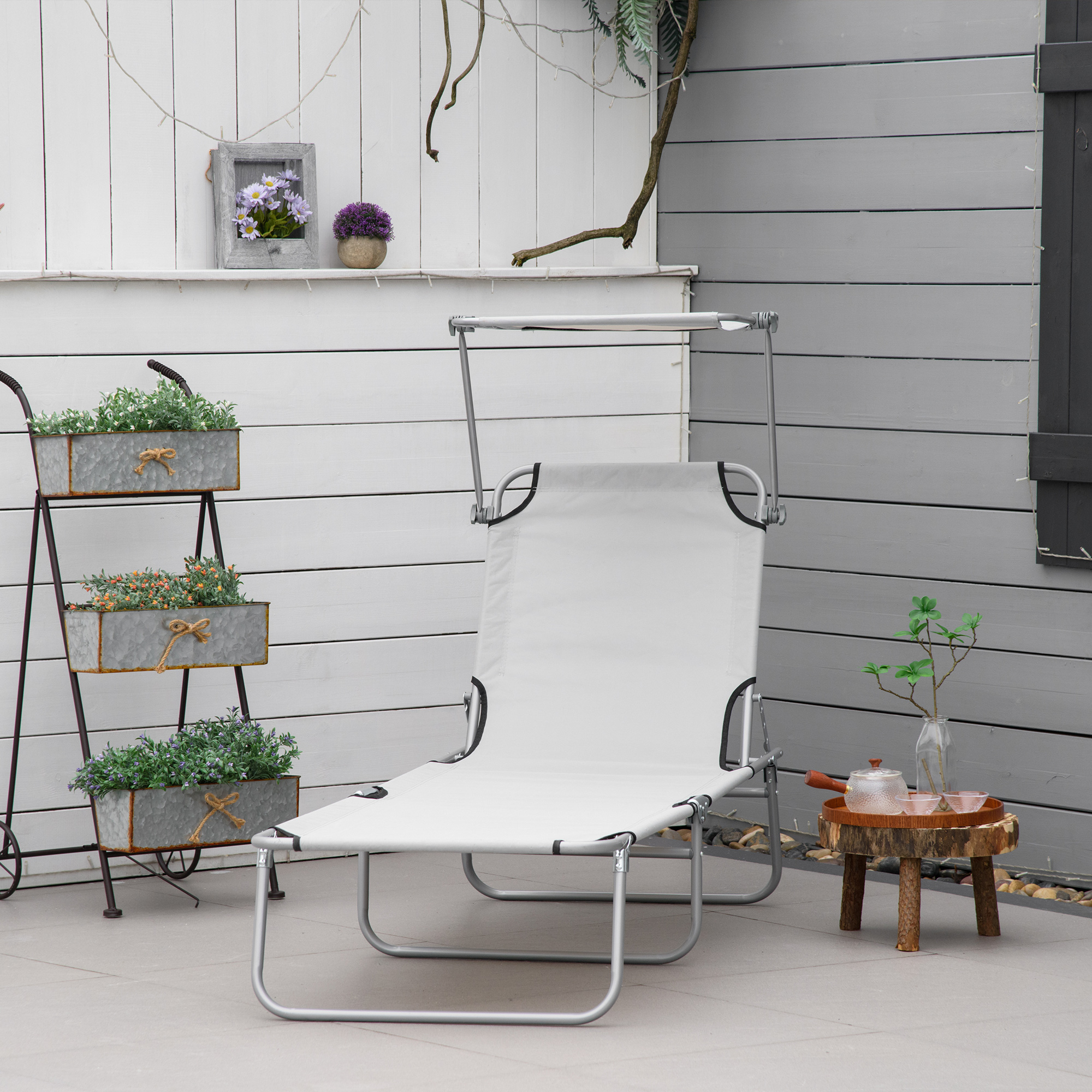 Outsunny Folding Recliner Chair with Adjustable Back and Sun Shade, Perfect for Outdoor Patio & Garden, Light Grey