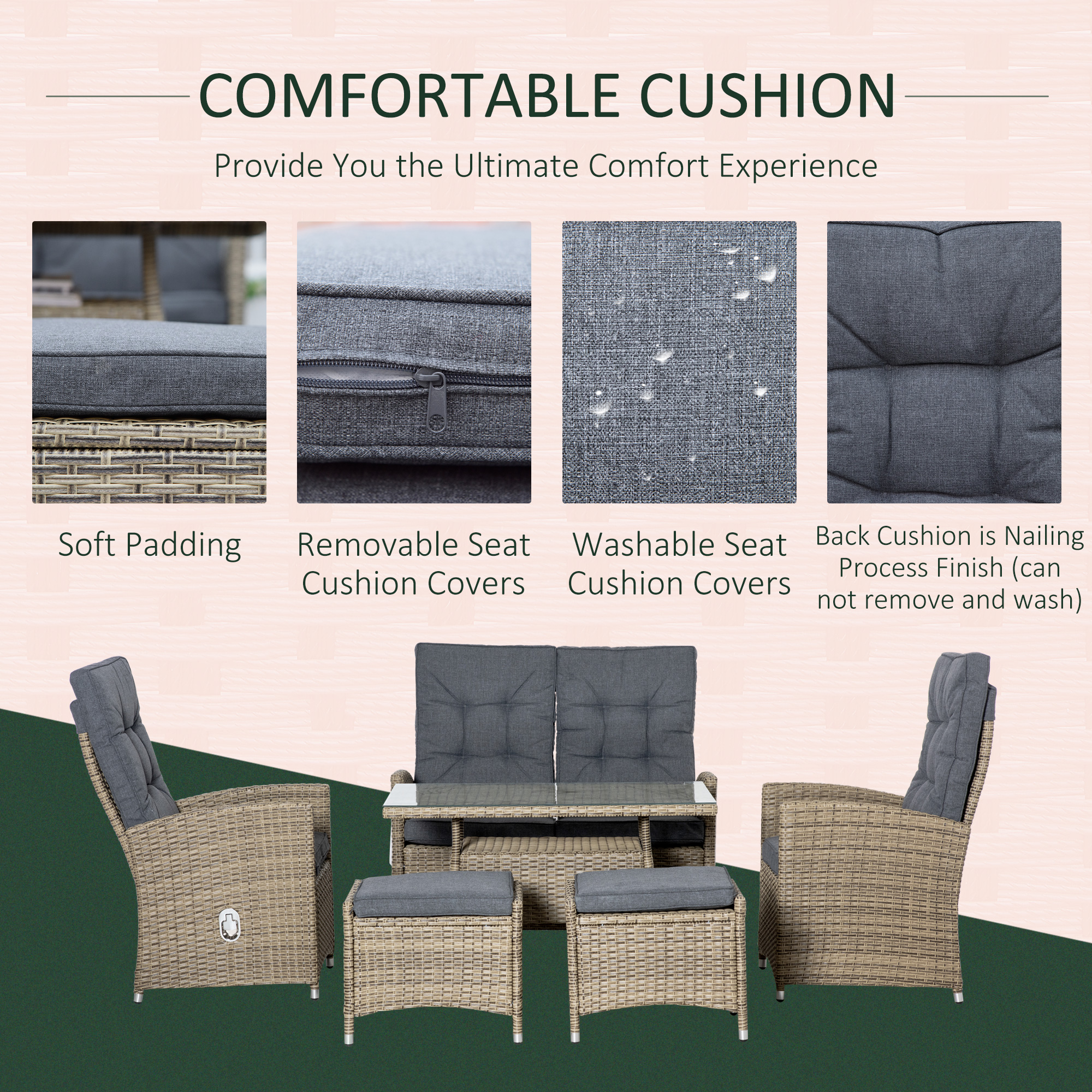 Outsunny 6 Pieces PE Rattan Dining Set, Patio Wicker Conversation Furniture, Tempered Glass Table-top Dining Table w/ Storage Layer, Mixed Grey