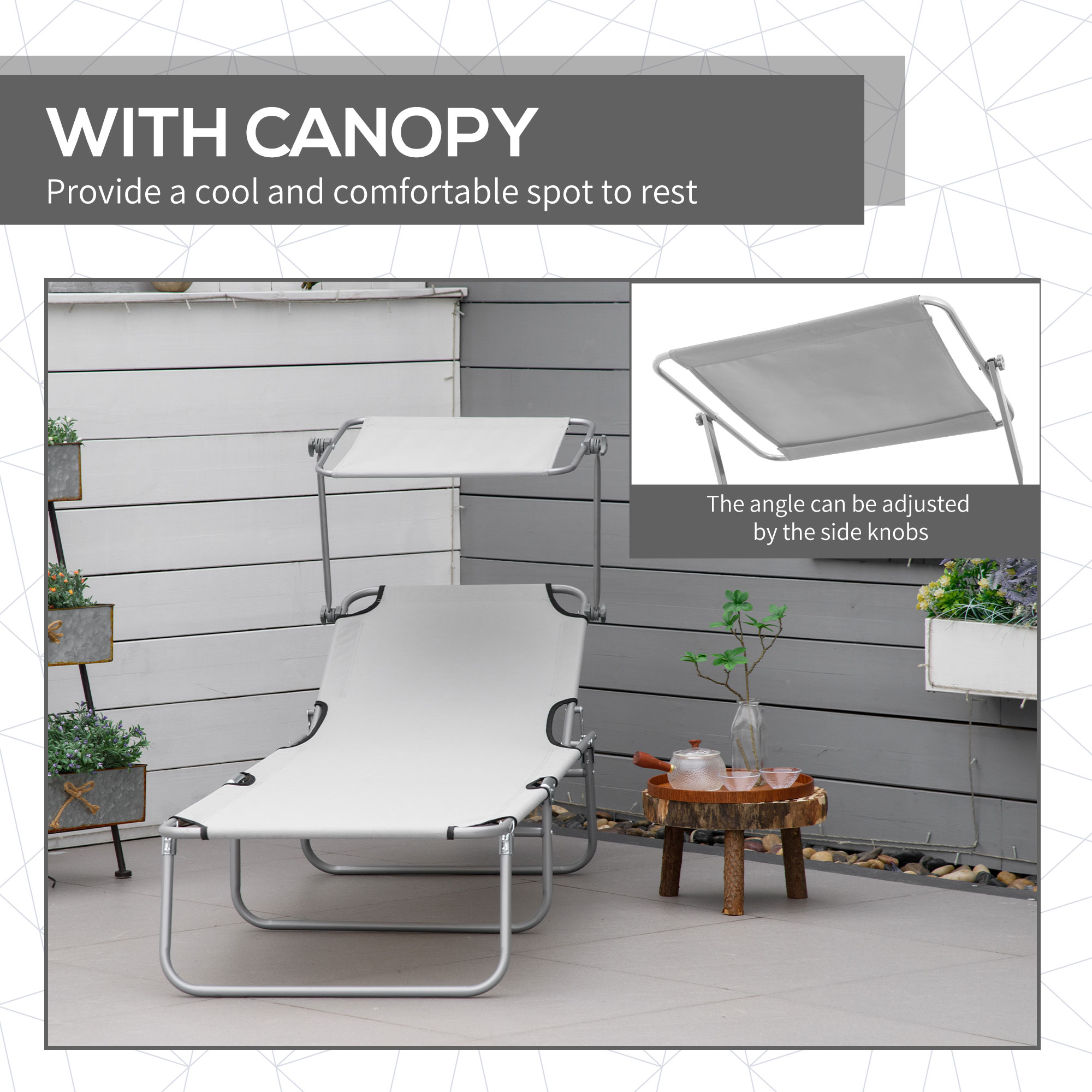 Outsunny Folding Recliner Chair with Adjustable Back and Sun Shade, Perfect for Outdoor Patio & Garden, Light Grey