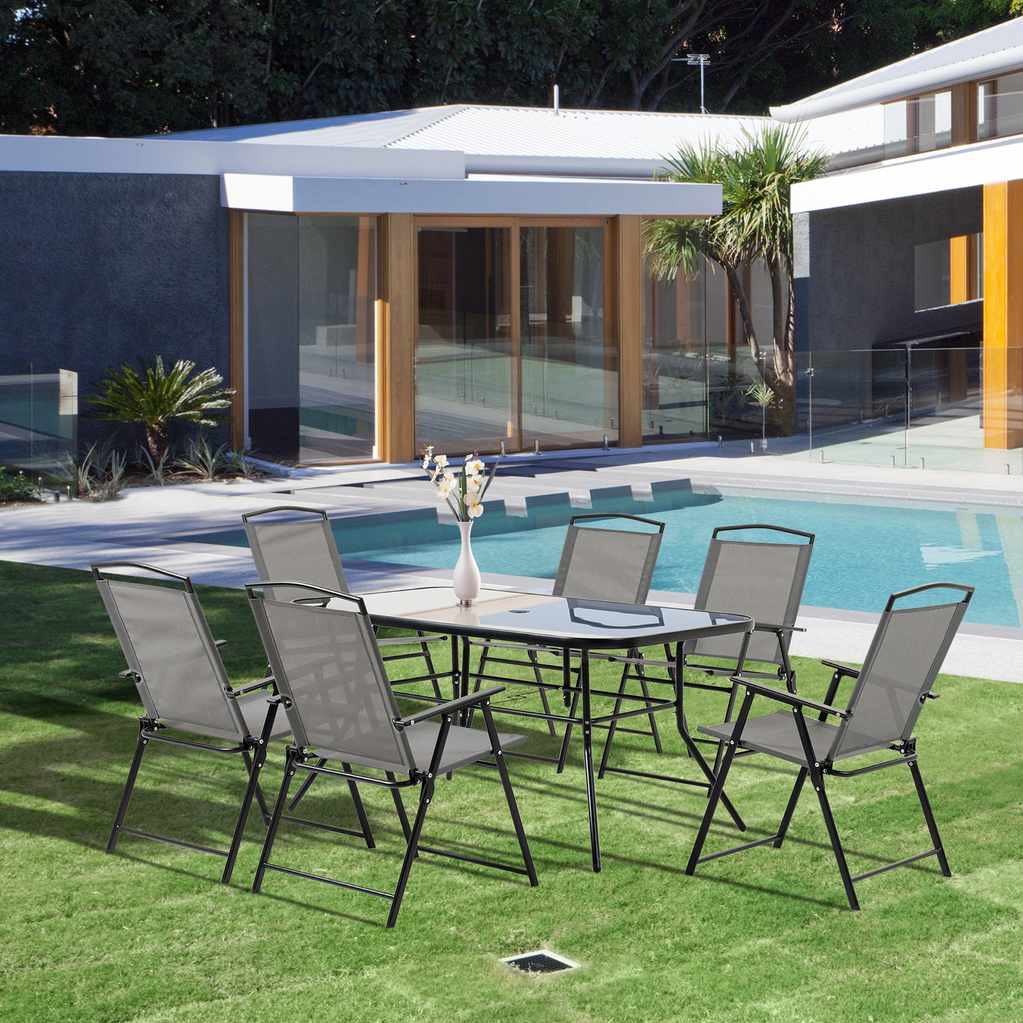 Outsunny 7 Piece Garden Furniture Set with Glass Dining Table and Folding Chairs, 6 Seater Outdoor Patio Furniture for Deck and Balcony, Black