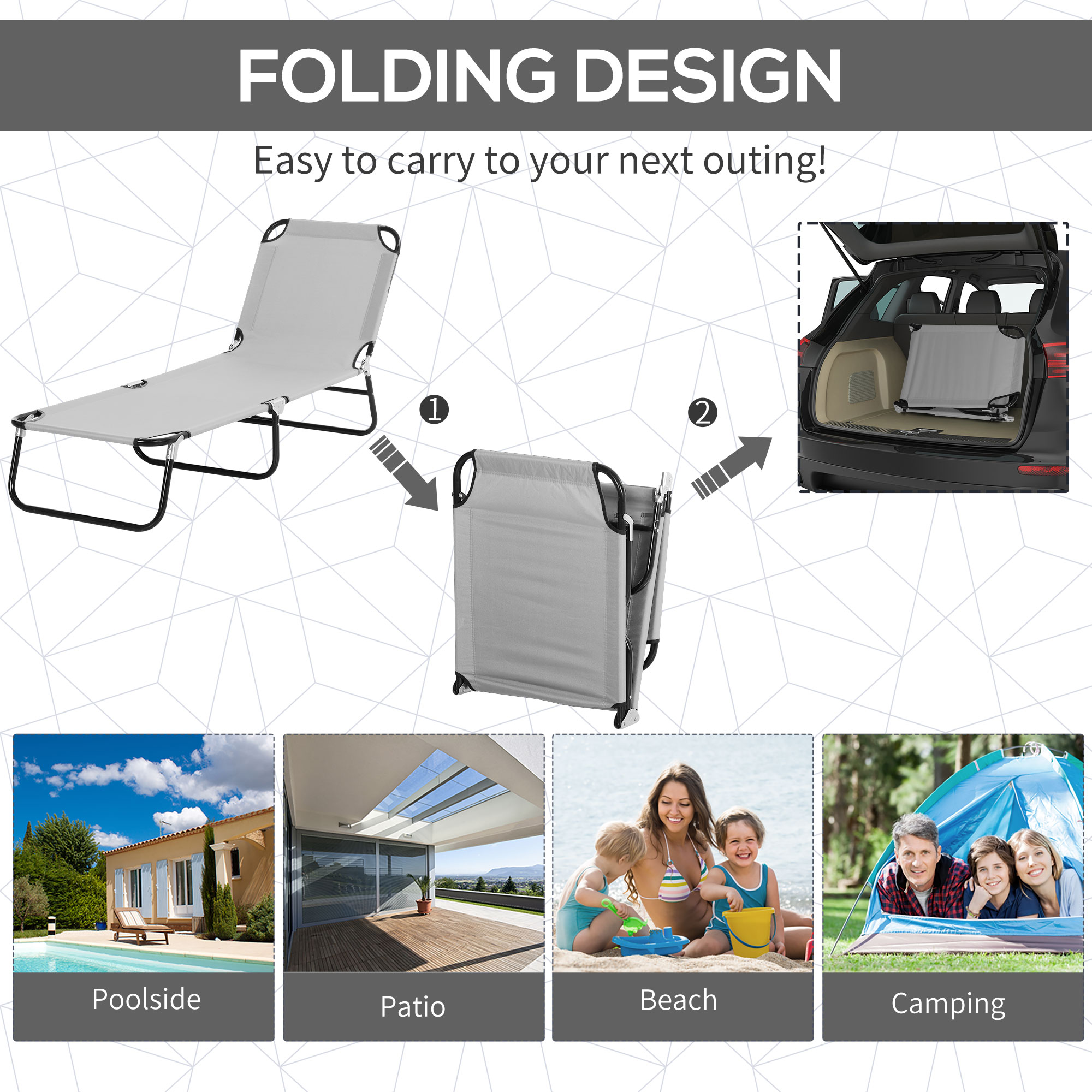 Outsunny Folding Recliner Chair with Adjustable Back and Sun Shade, Perfect for Outdoor Patio & Garden, Light Grey