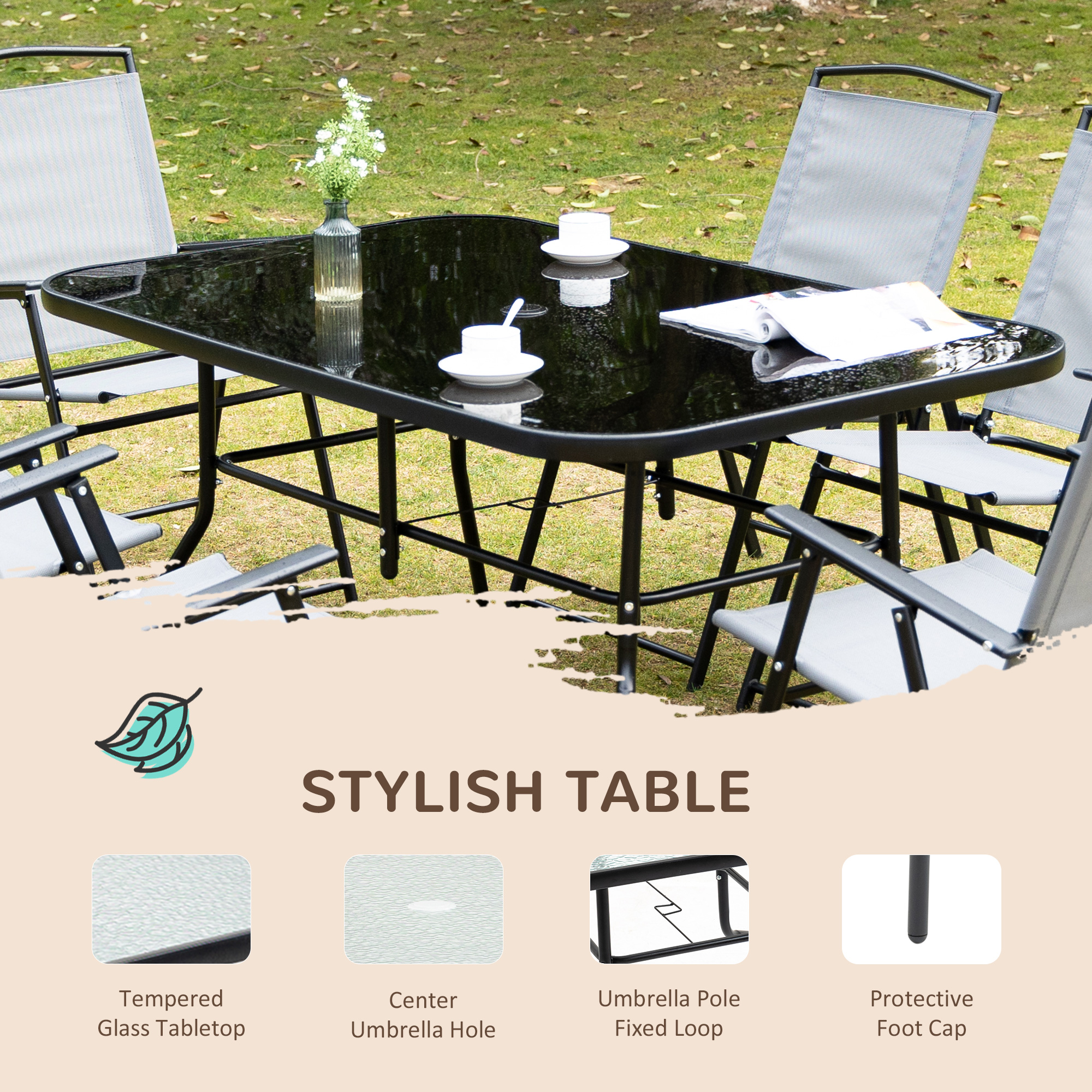 Outsunny 7 Piece Garden Furniture Set with Glass Dining Table and Folding Chairs, 6 Seater Outdoor Patio Furniture for Deck and Balcony, Black