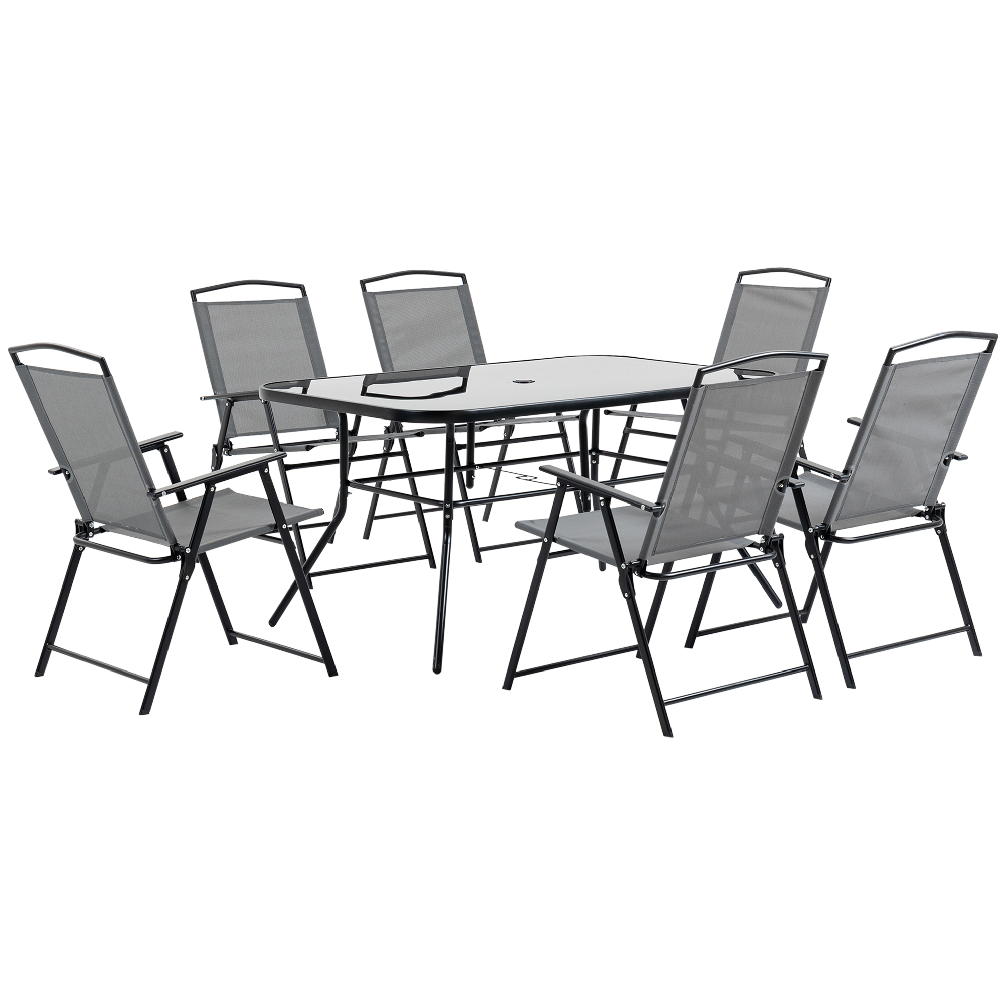 Outsunny 7 Piece Garden Furniture Set with Glass Dining Table and Folding Chairs, 6 Seater Outdoor Patio Furniture for Deck and Balcony, Black