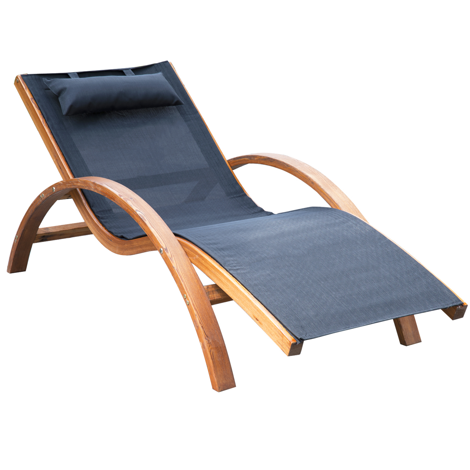Outsunny Lettino Prendisole Chaise Longue con Poggiatesta, Struttura in Legno e Tessuto a Rete Traspirante, per Giardino e Piscina, Nero