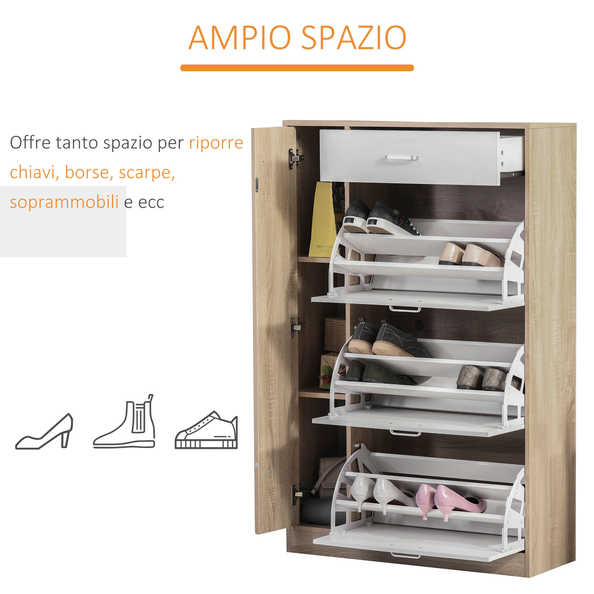 HOMCOM Scarpiera 3 Ripiani, Telaio Legno, Spaziosa, Igienica Ospiti 70Lx26Px57,5A cm - Bianco