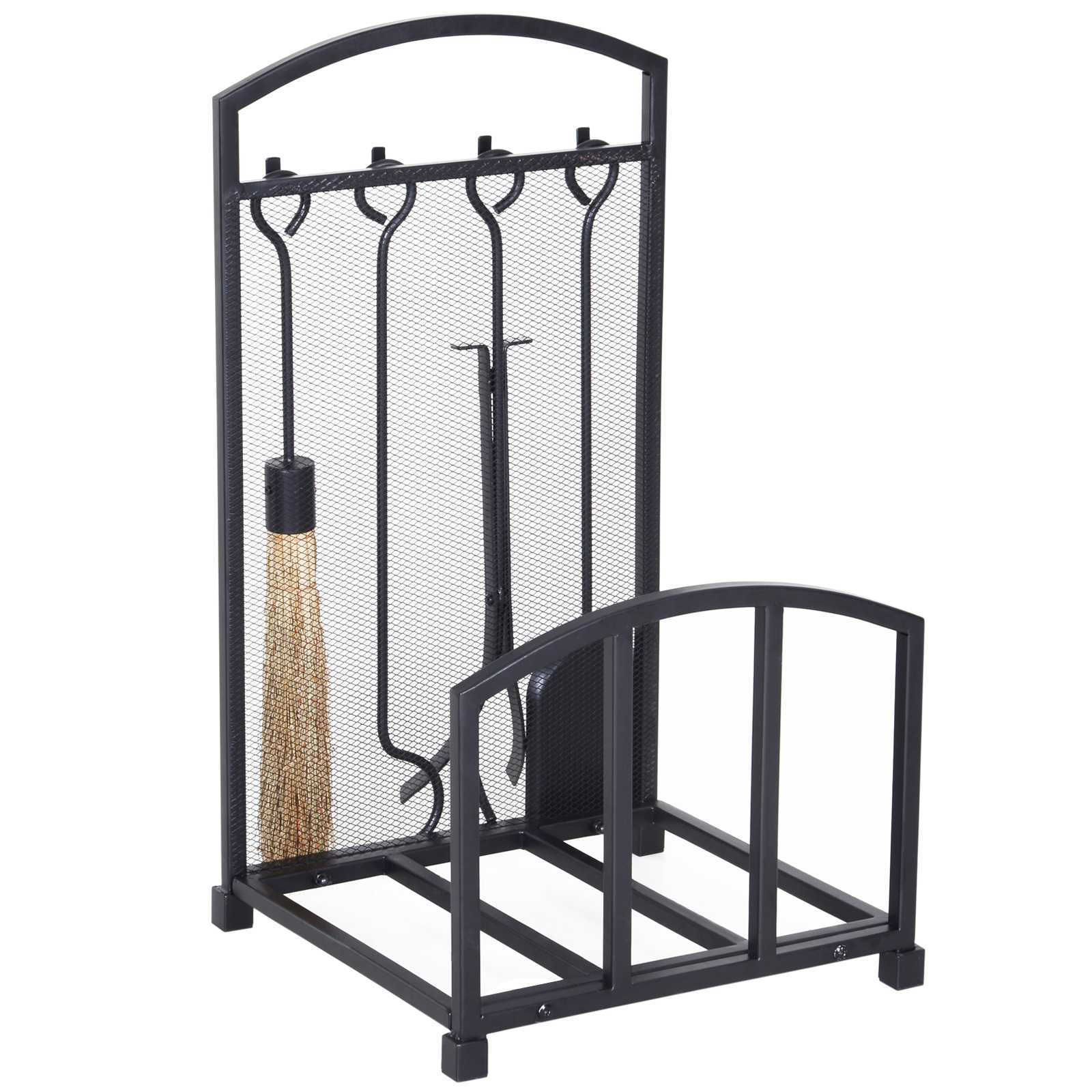 HOMCOM Portalegna da Interno ed Esterno in Metallo con Ganci e 4 Attrezzi per Camino Inclusi, 39x39x68cm, Nero