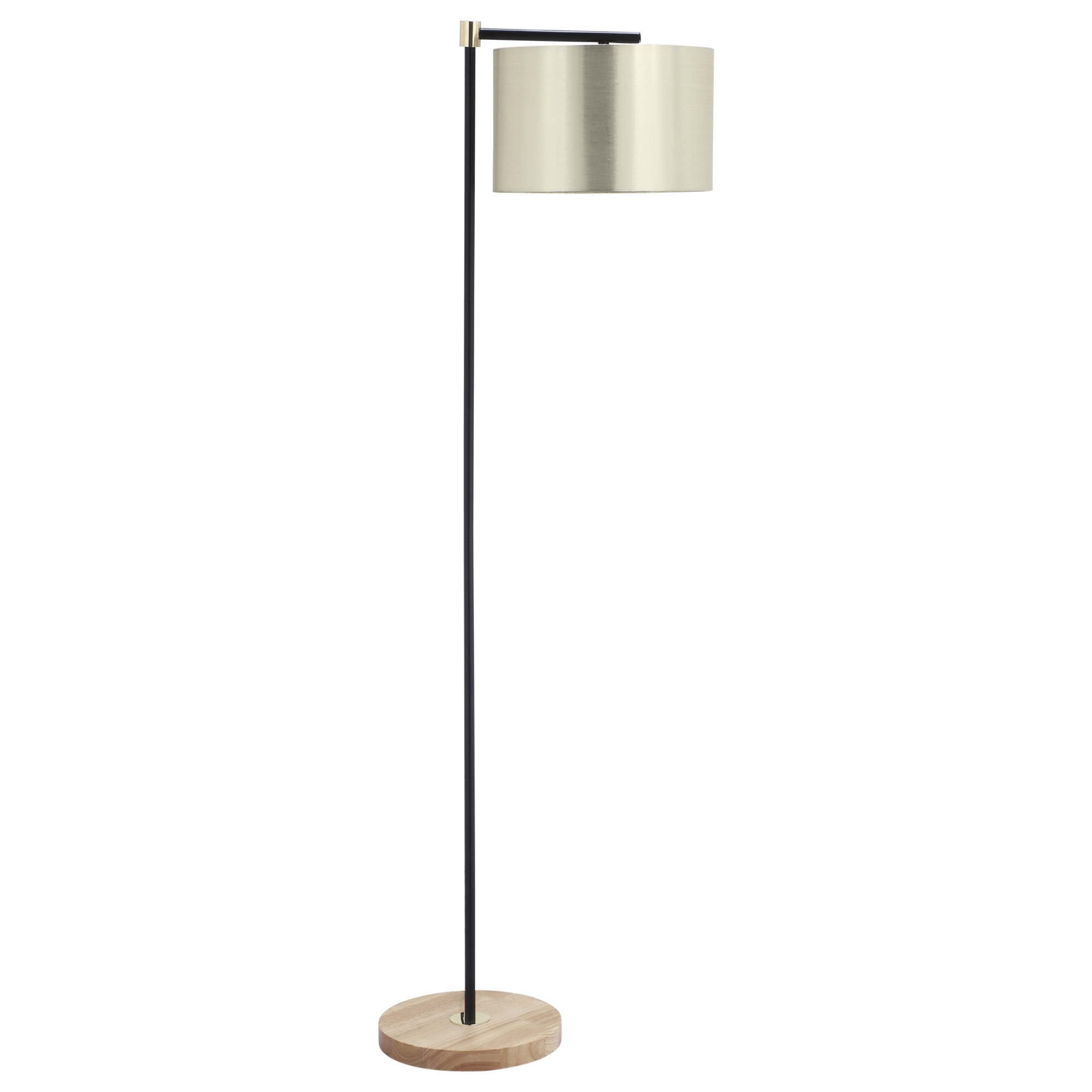 HOMCOM Lampada da Terra di Design con Paralume in Tessuto e Base in Legno, Lampada a Piantana per Soggiorno e Camera da Letto, Nero, Oro, Color Legno