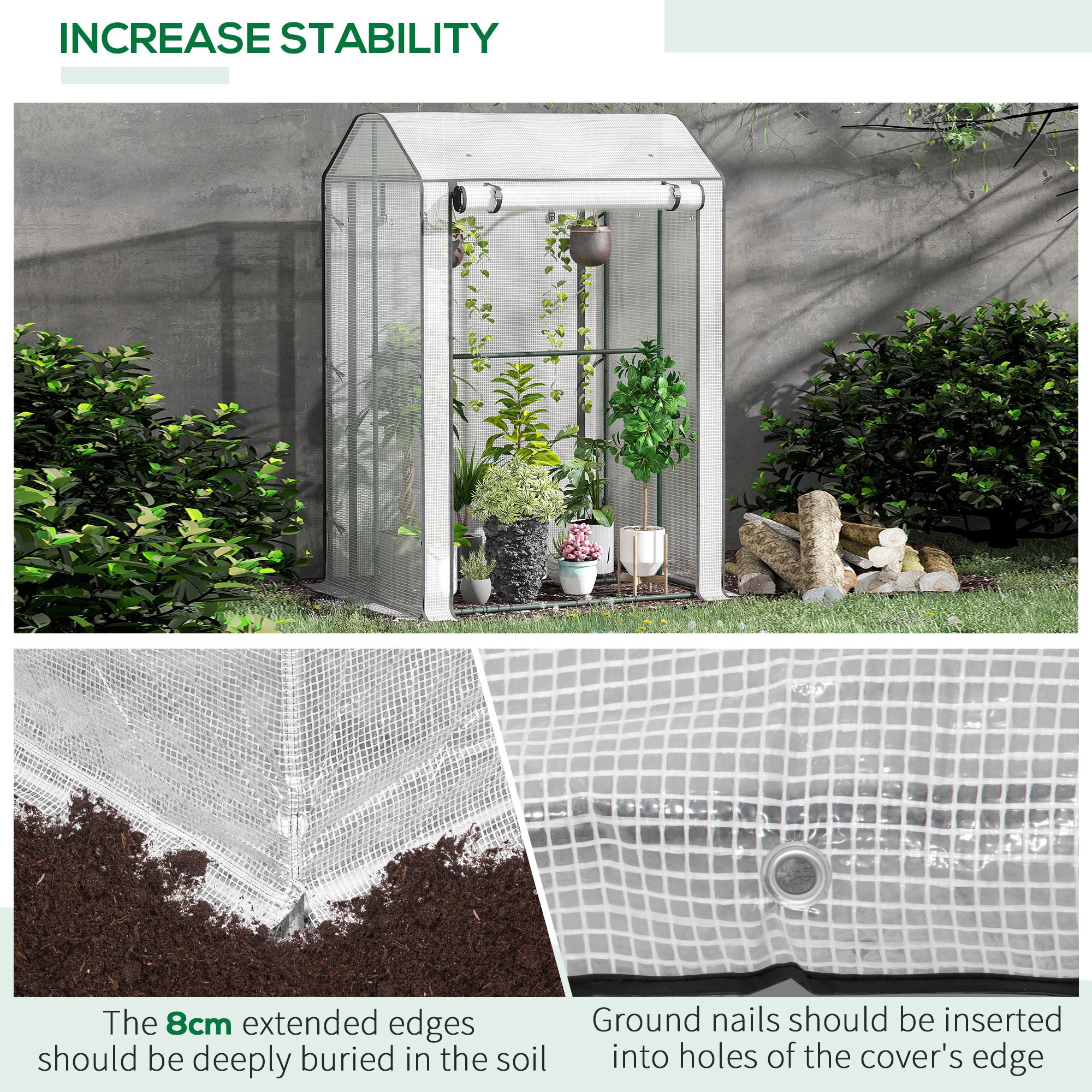 Outsunny Mini Greenhouse with Shelves Portable Garden Grow House for Plants with Roll Up Door and Vents, 100 x 80 x 150cm, White