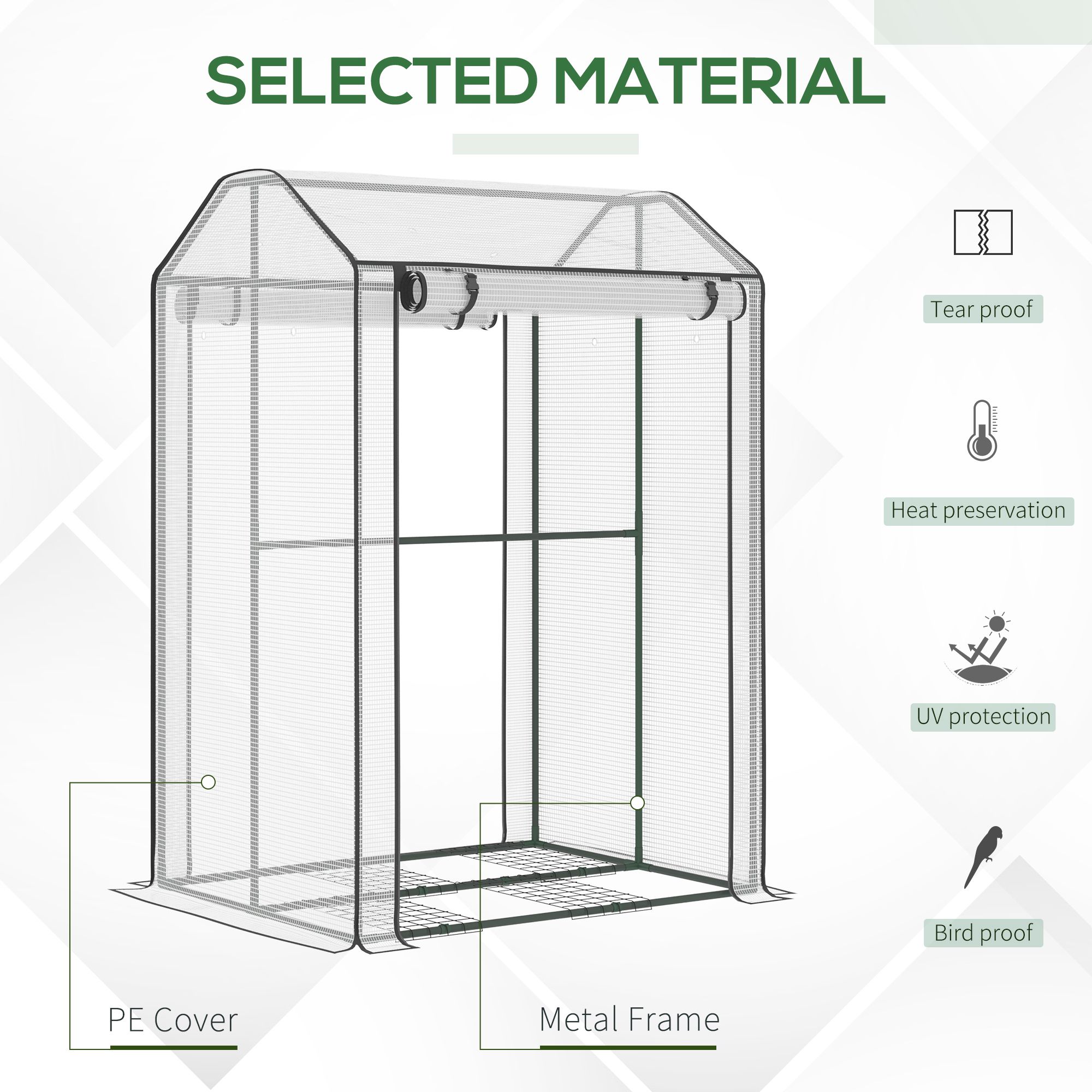 Outsunny Mini Greenhouse with Shelves Portable Garden Grow House for Plants with Roll Up Door and Vents, 100 x 80 x 150cm, White