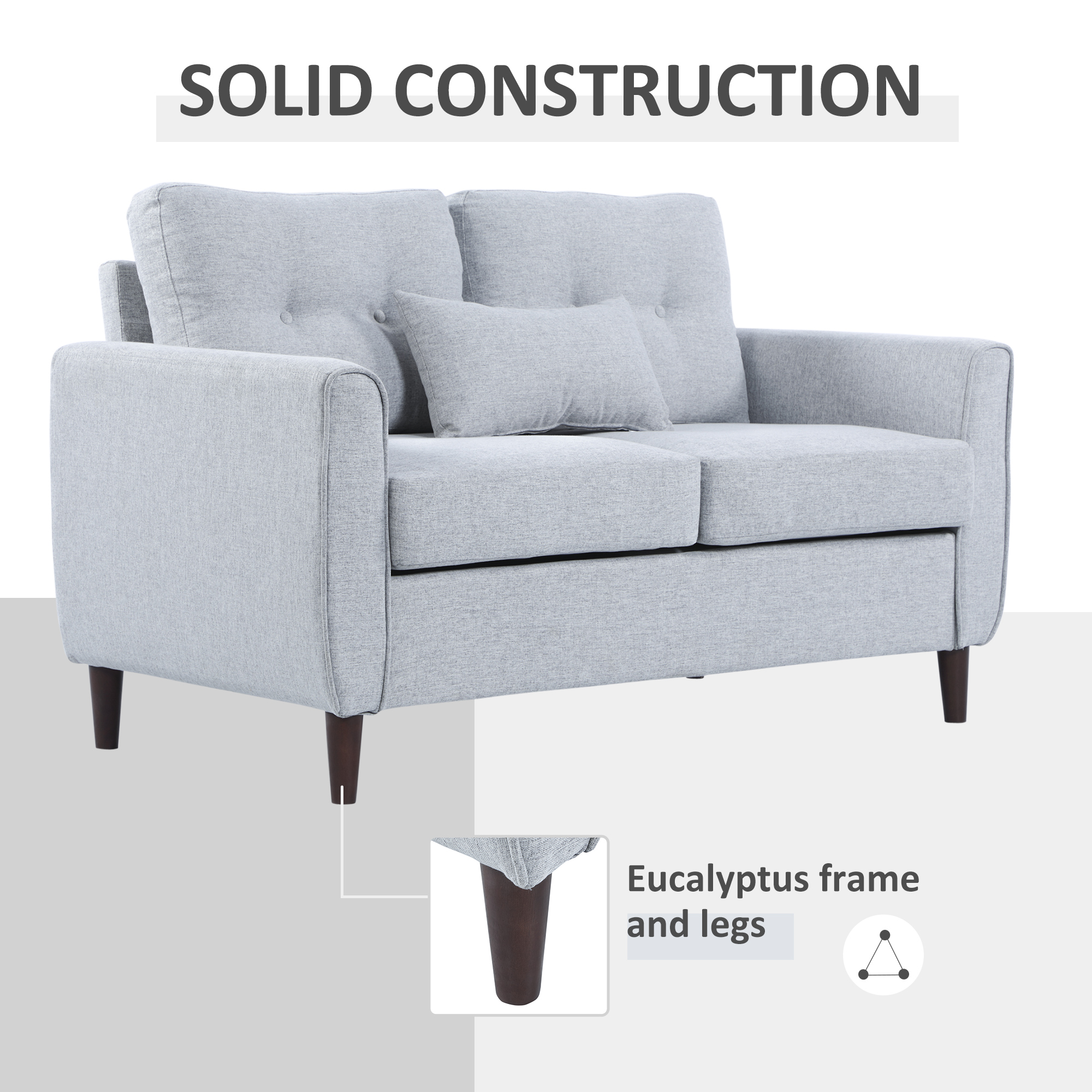 HOMCOM 2 Seat Sofa Double Sofa Loveseat Fabric Wooden Legs Tufted Design for Living Room, Dining Room, Office, Light Grey