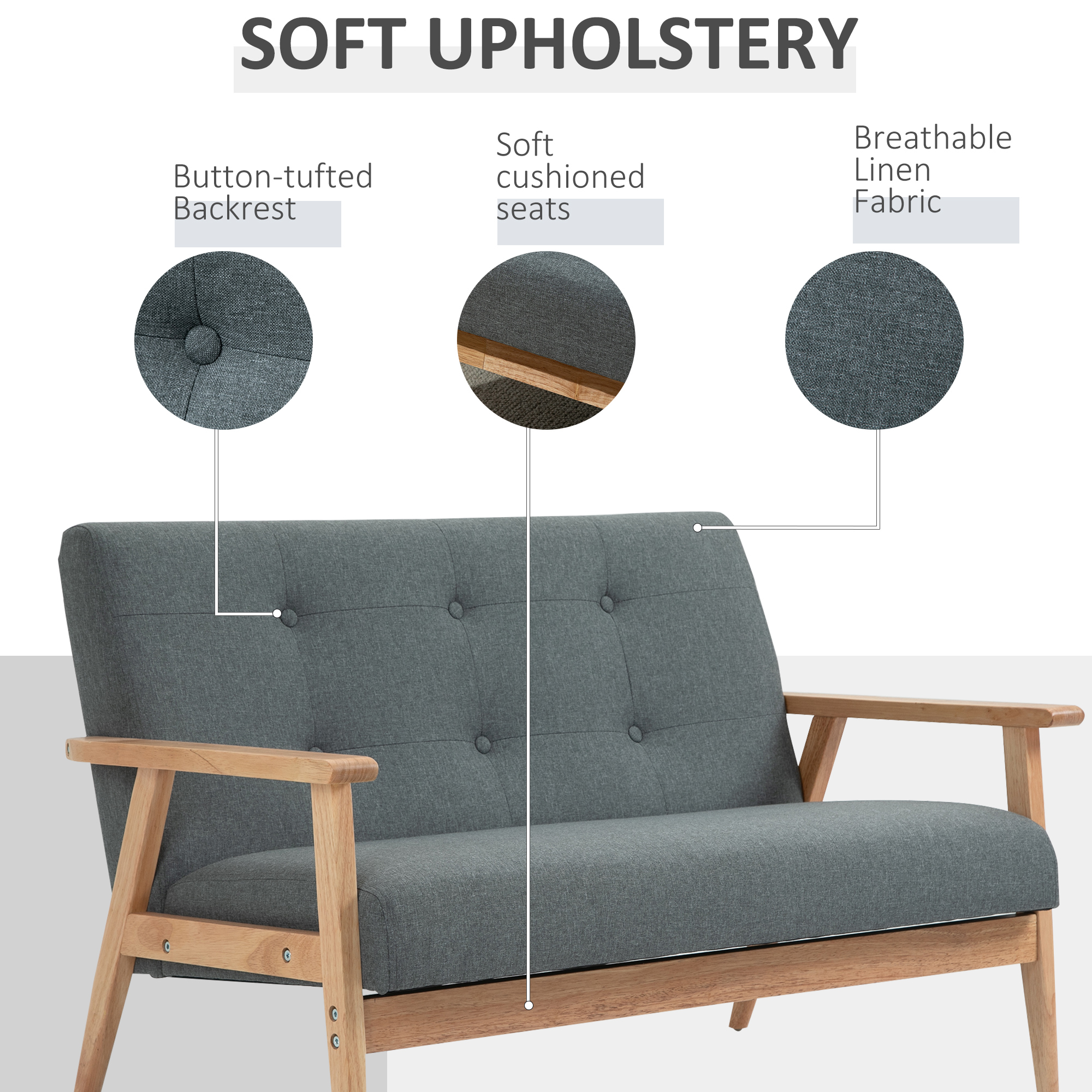 HOMCOM Modern 2/3-Seat Sofa Linen Fabric Upholstery Tufted Couch with Rubberwood Legs