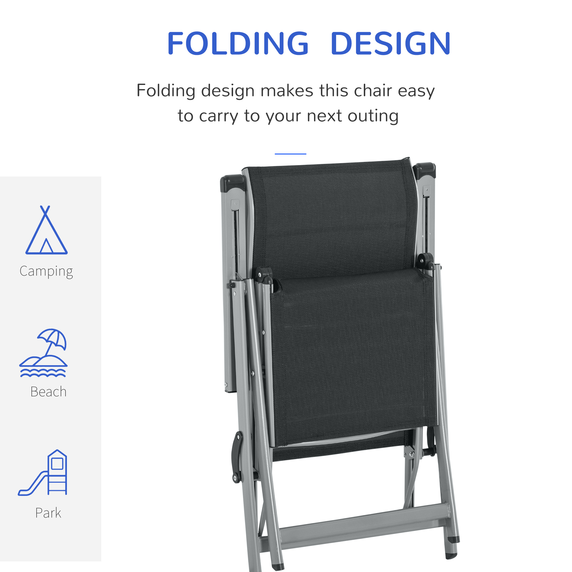 Outsunny Outdoor Sun Lounger 10-Position Adjustable Folding Reclining Chairs with Footrest for Patio Garden Black and Grey