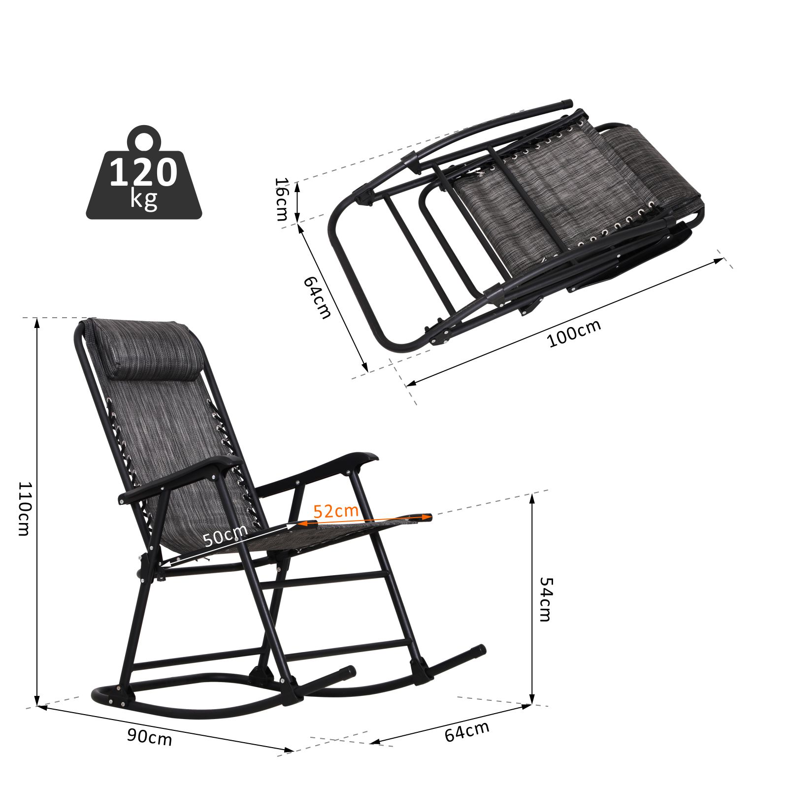 Outsunny Rocking Chair, Folding Outdoor Adjustable Zero-Gravity Rocker with Headrest for Camping, Fishing, Patio, Grey