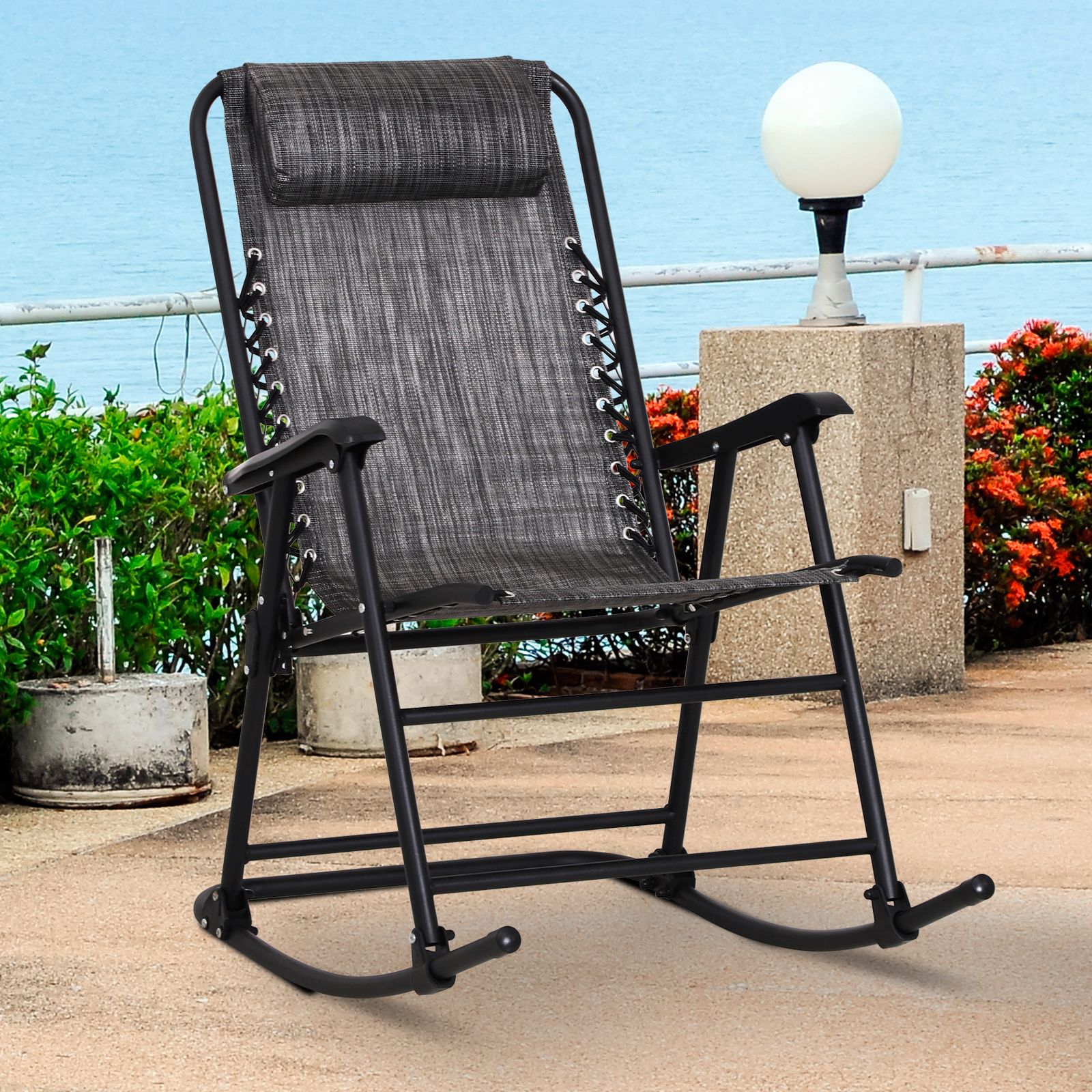 Outsunny Rocking Chair, Folding Outdoor Adjustable Zero-Gravity Rocker with Headrest for Camping, Fishing, Patio, Grey