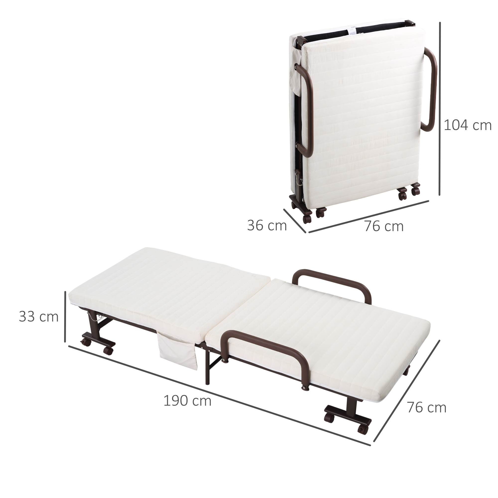HOMCOM Folding Bed with 8cm Mattress, Portable Foldable Guest Bed with Adjustable Backrest, Metal Frame on Wheels, Brown