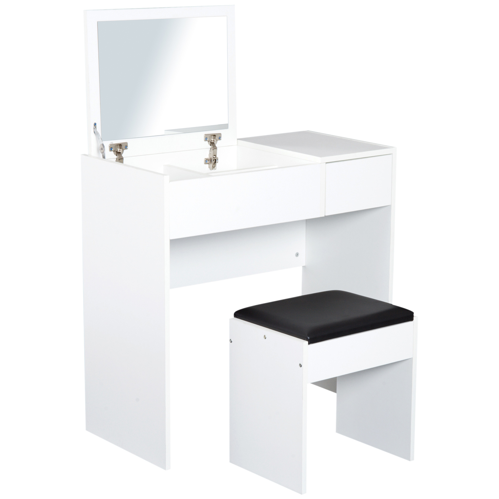 Coiffeuse table de maquillage design contemporain miroir escamotable tiroir coffre + tabouret noir