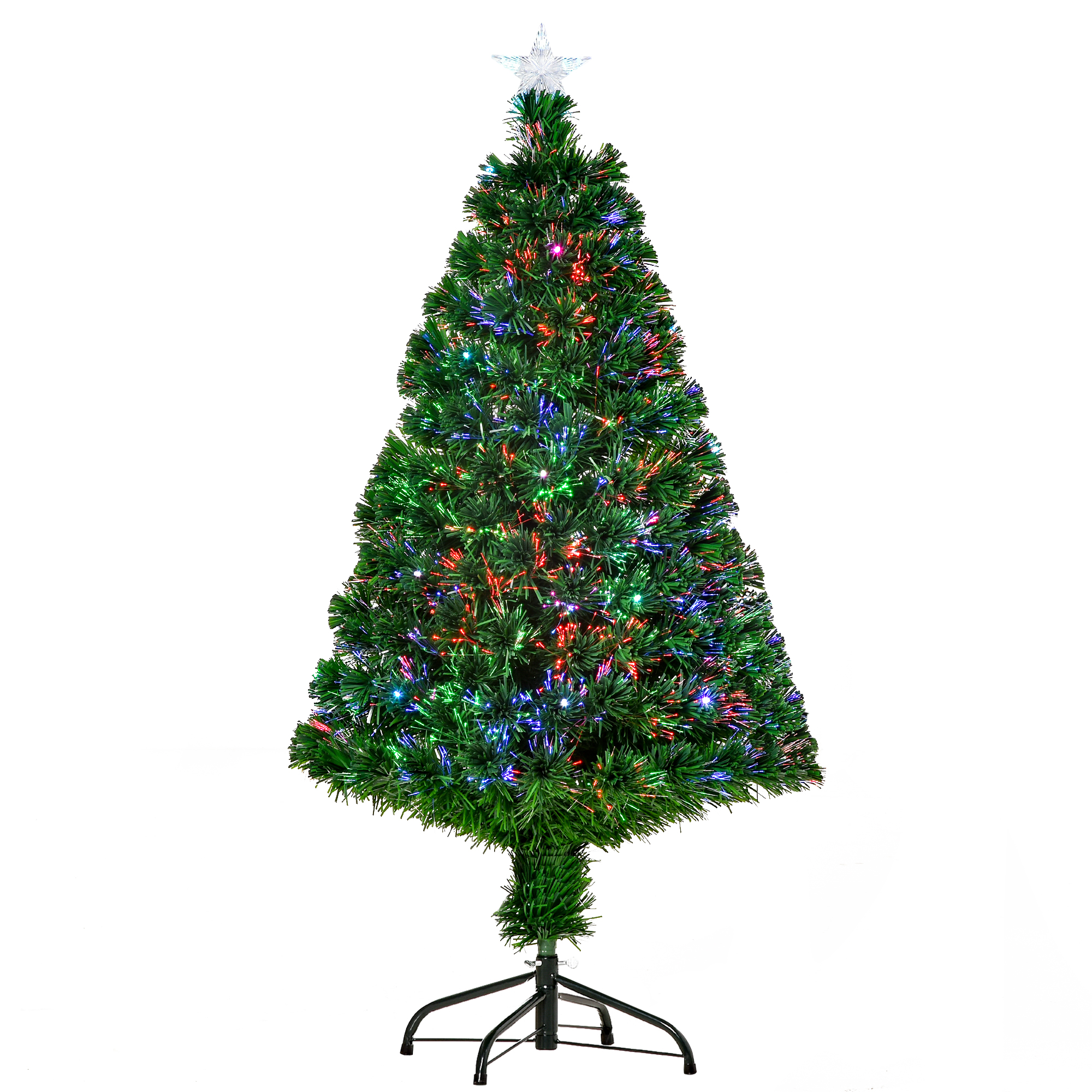 Sapin De Noël Artificiel Lumineux 120 Cm - Fibre Optique LED + 20 Ampoules, 130 Branches - Vert Avec étoile
