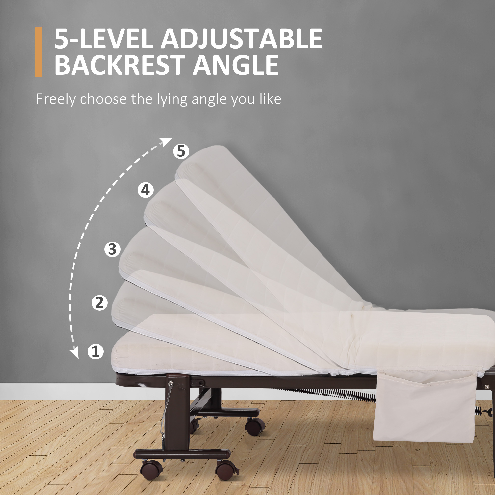 HOMCOM Folding Bed with 8cm Mattress, Portable Foldable Guest Bed with Adjustable Backrest, Metal Frame on Wheels, Brown
