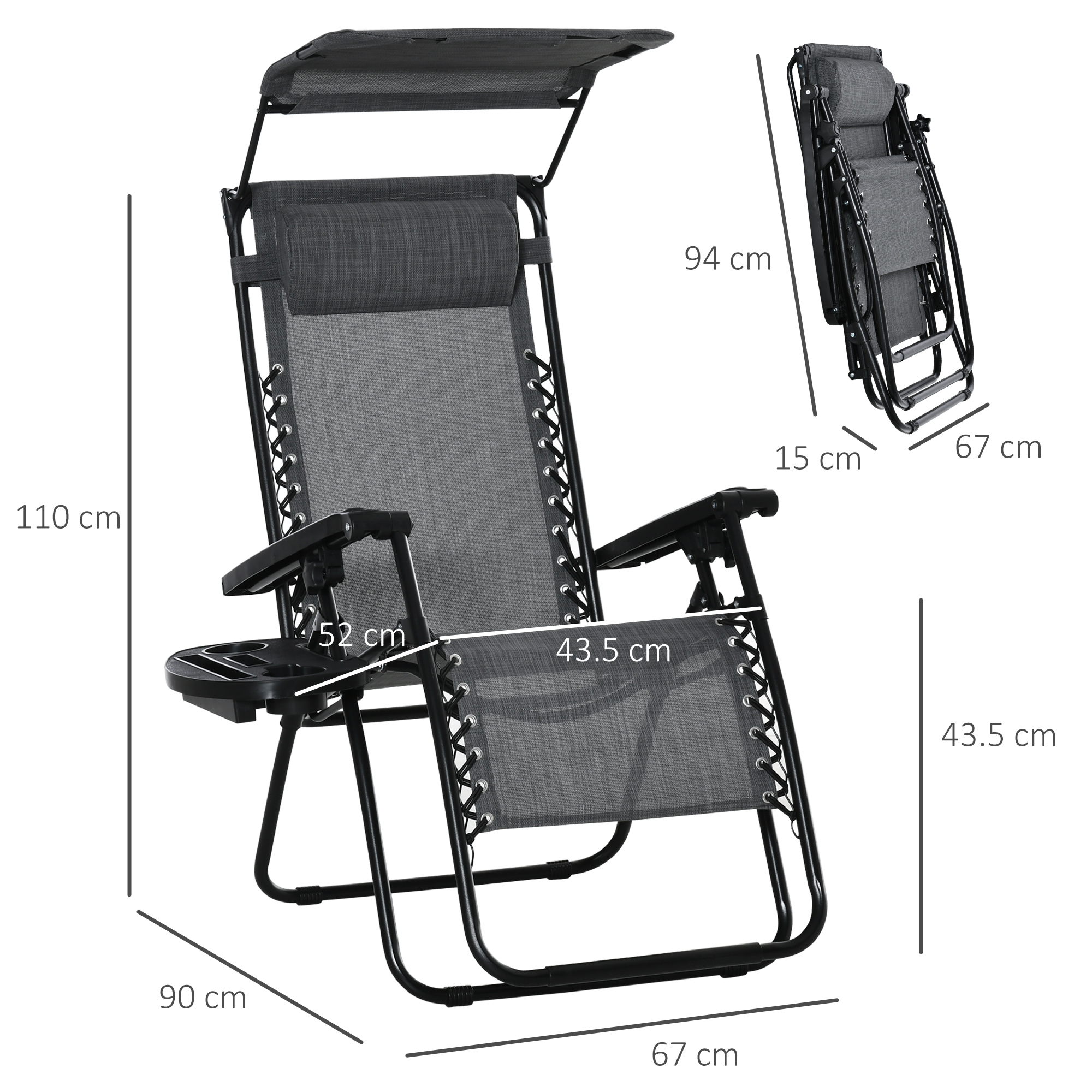 Outsunny Zero Gravity Garden Deck Folding Chair Patio Sun Lounger Reclining Seat with Cup Holder & Canopy Shade - Grey