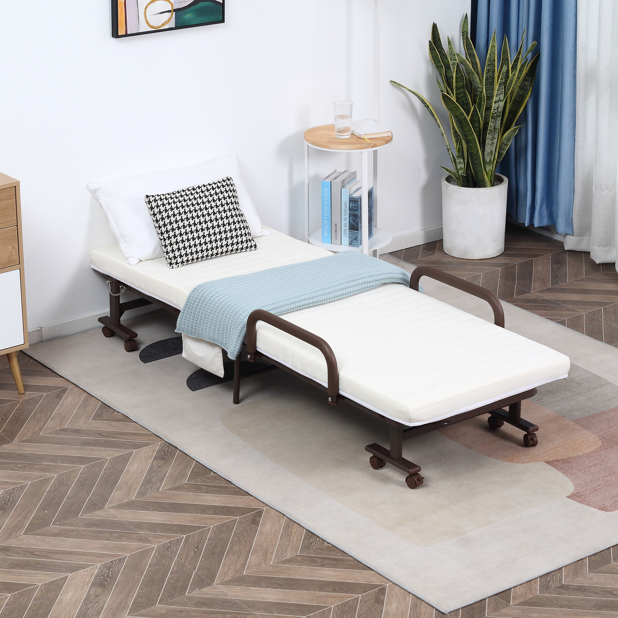 HOMCOM Folding Bed with 8cm Mattress, Portable Foldable Guest Bed with Adjustable Backrest, Metal Frame on Wheels, Brown